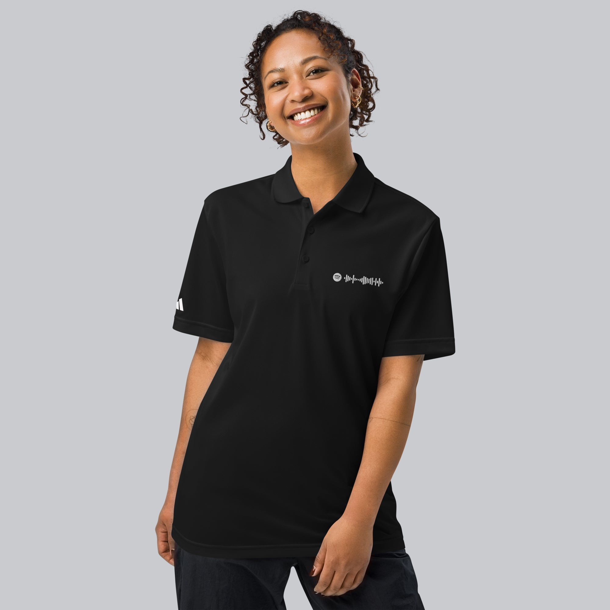 Adidas Unisex Polo Shirt Black with embroidered custom Music Code of your favorite song#color_black