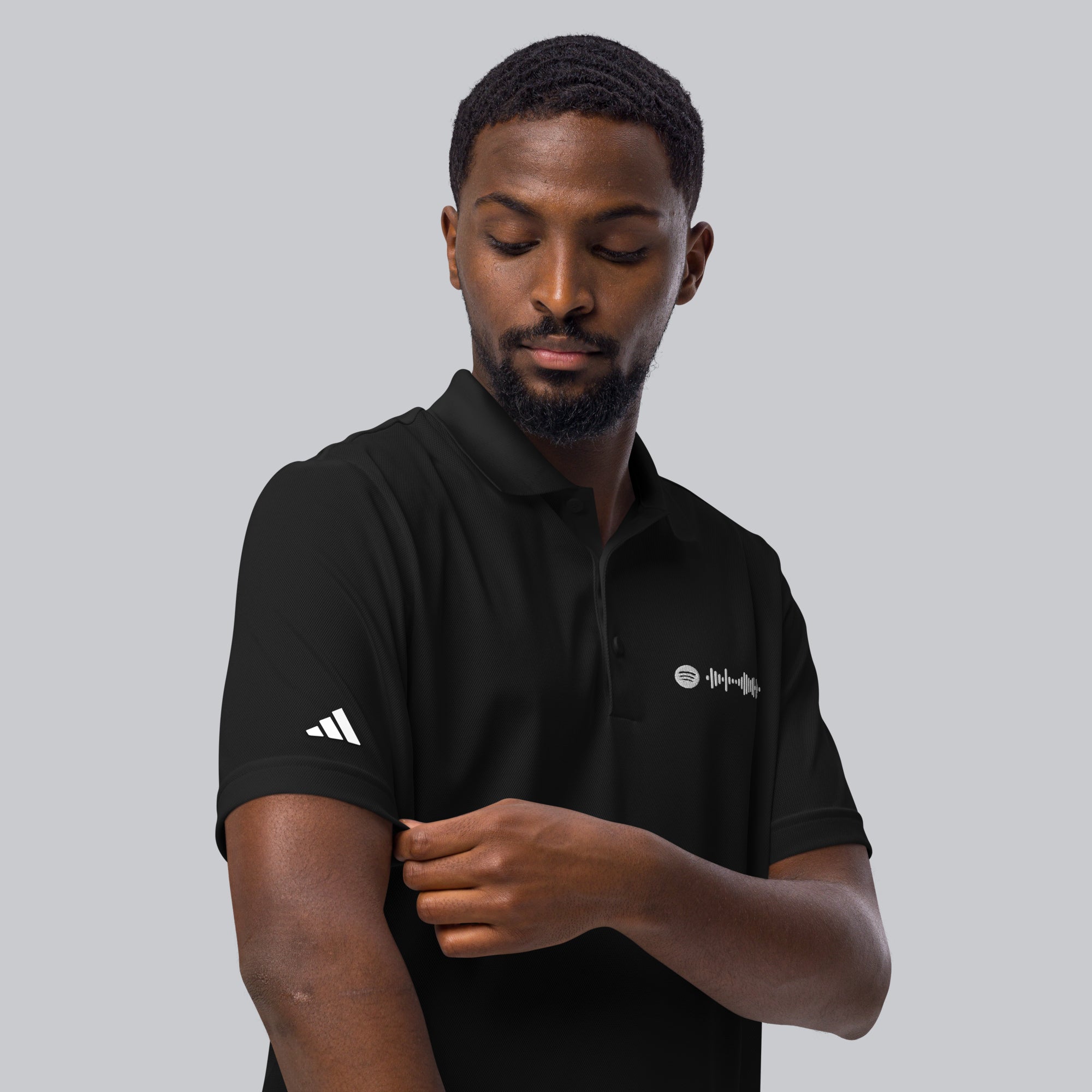 Adidas Unisex Polo Shirt Black with embroidered custom Music Code of your favorite song