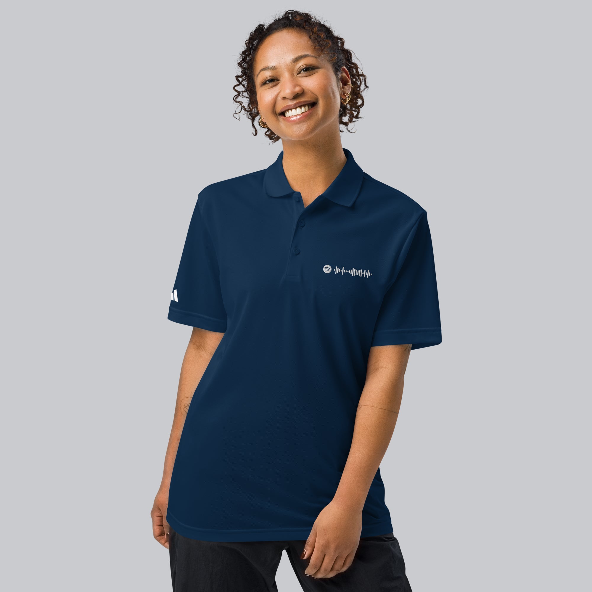 Adidas Unisex Polo Shirt Navy with embroidered custom Music Code of your favorite song