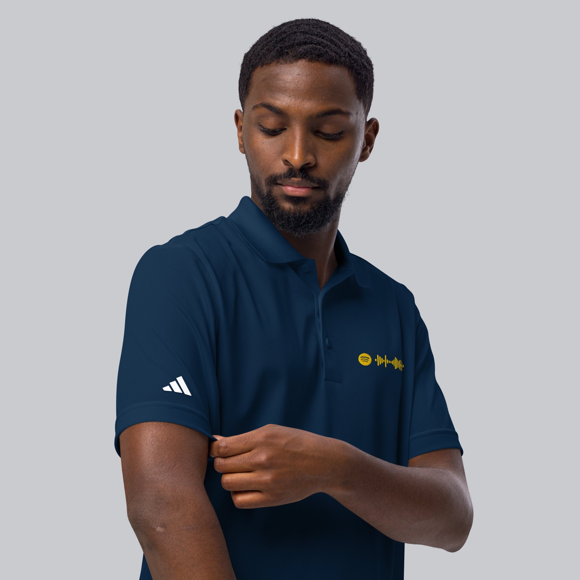 Adidas Unisex Polo Shirt Navy with embroidered custom Music Code of your favorite song