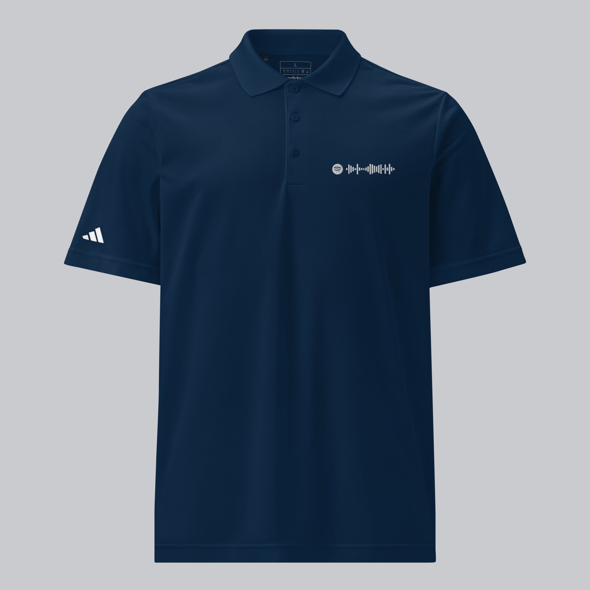 Adidas Unisex Polo Shirt Navy with embroidered custom Music Code of your favorite song