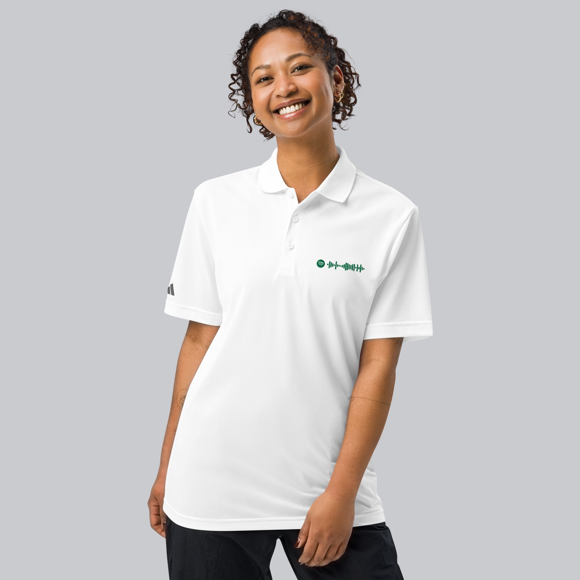 Adidas Unisex Polo Shirt White with embroidered custom Music Code of your favorite song