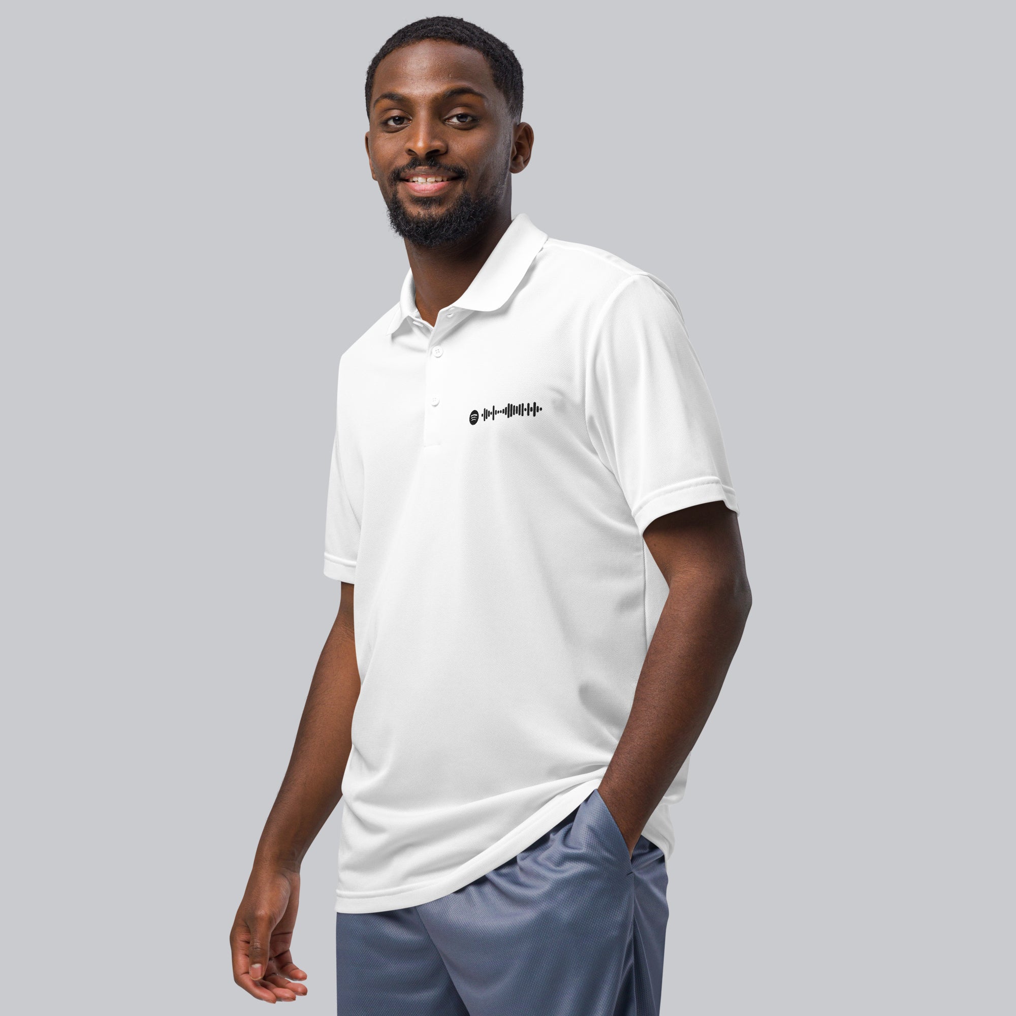 Adidas Unisex Polo Shirt White with embroidered custom Music Code of your favorite song