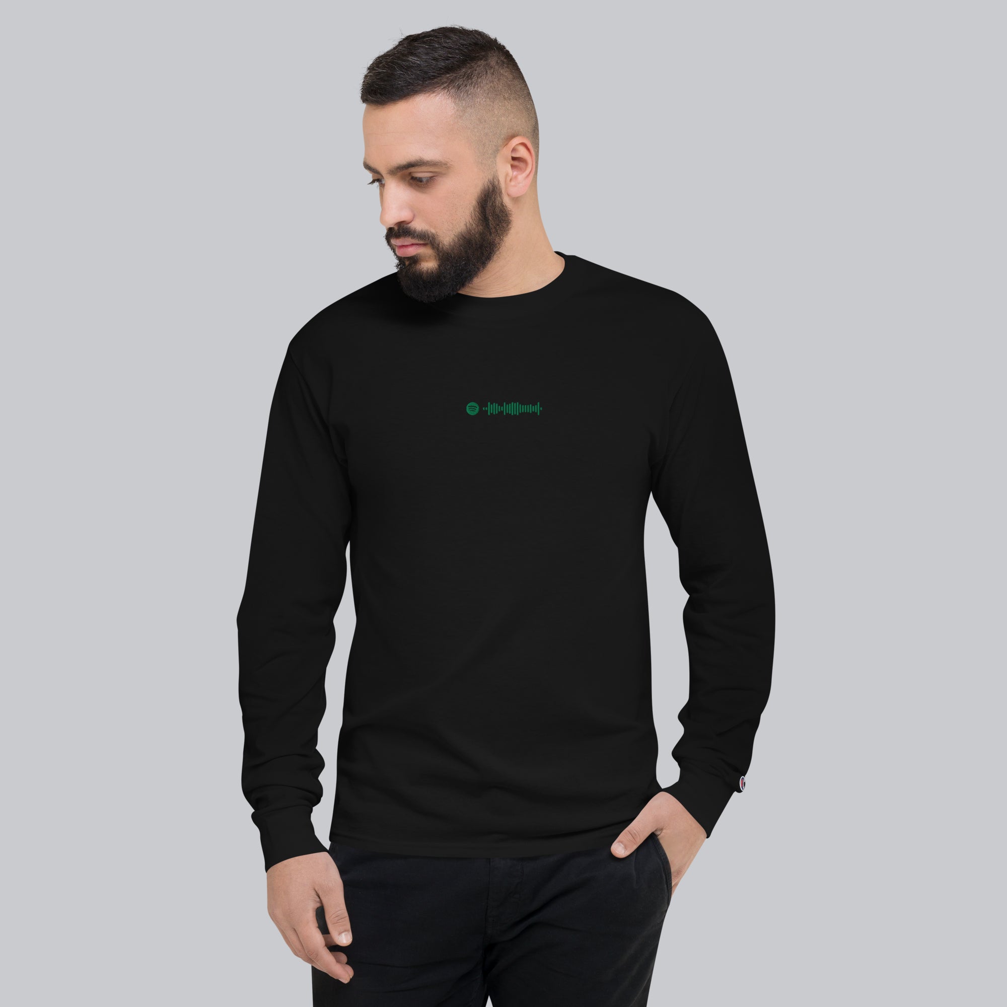 Champion Long Sleeve Shirt Black with custom Music Code of your favorite song