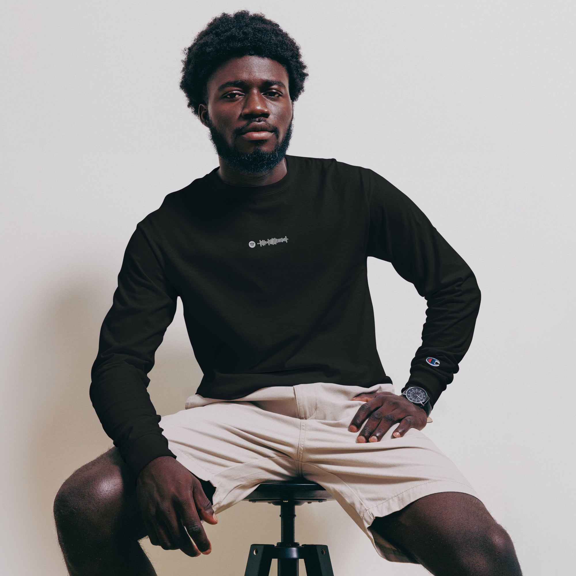 Champion Long Sleeve Shirt Black with custom Music Code of your favorite song