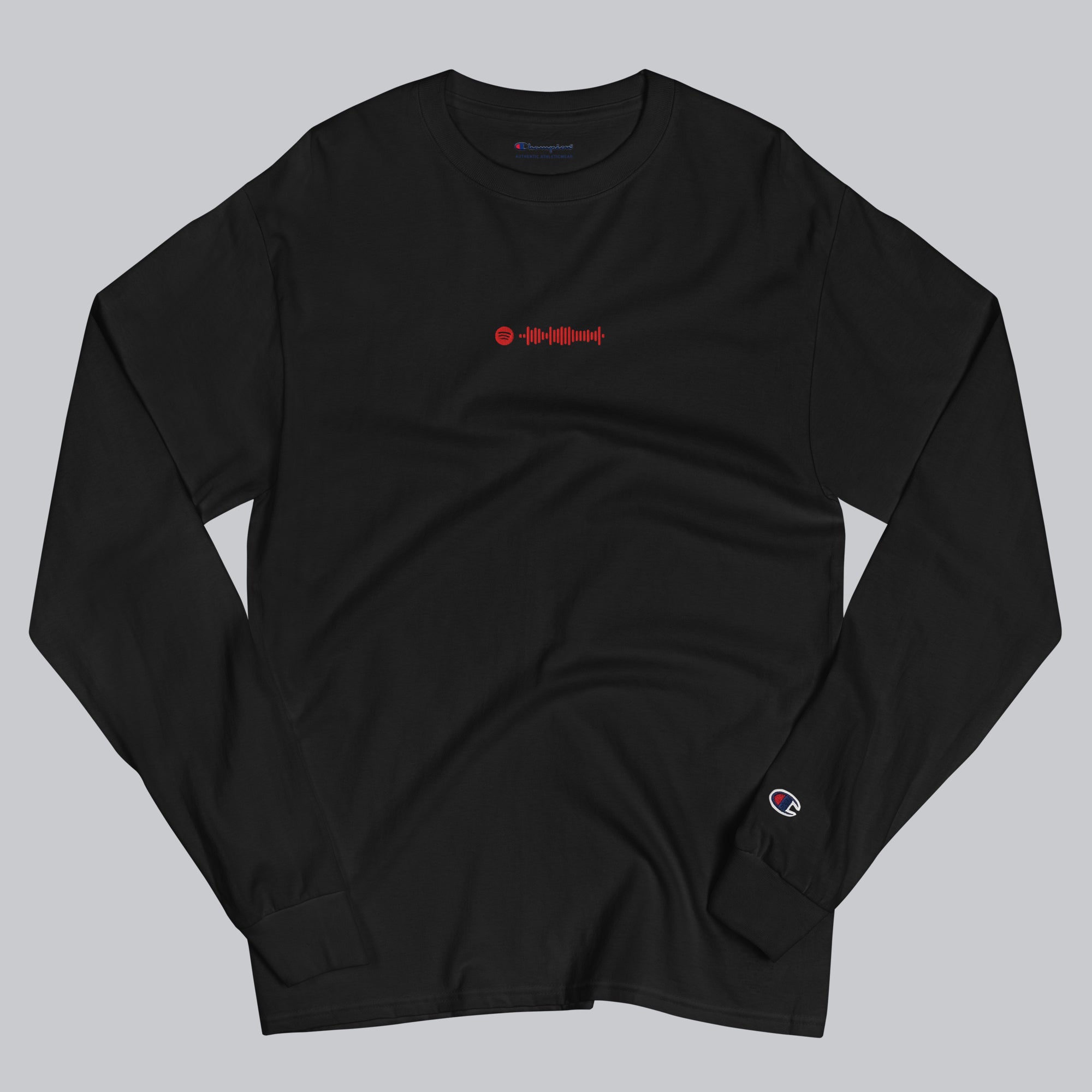 Champion Long Sleeve Shirt Black with custom Music Code of your favorite song