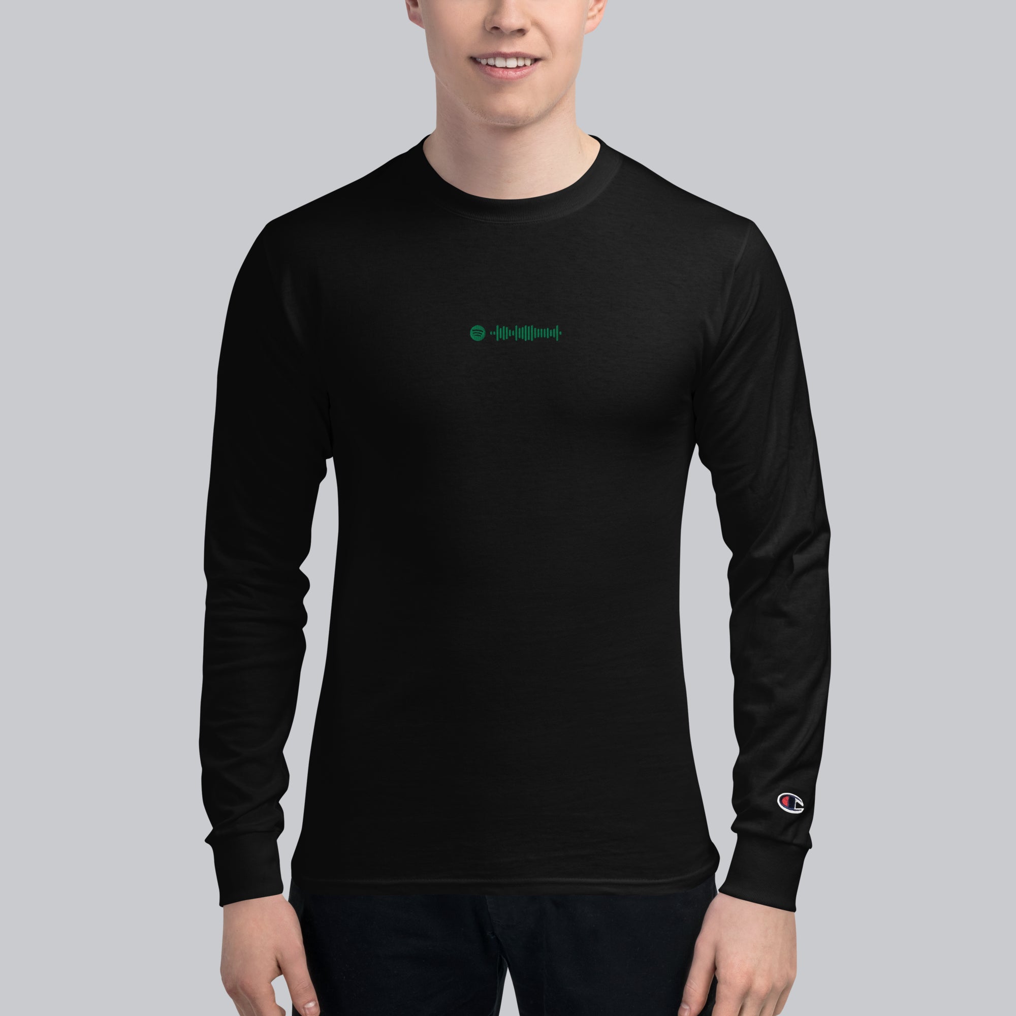 Champion Long Sleeve Shirt Black with custom Music Code of your favorite song