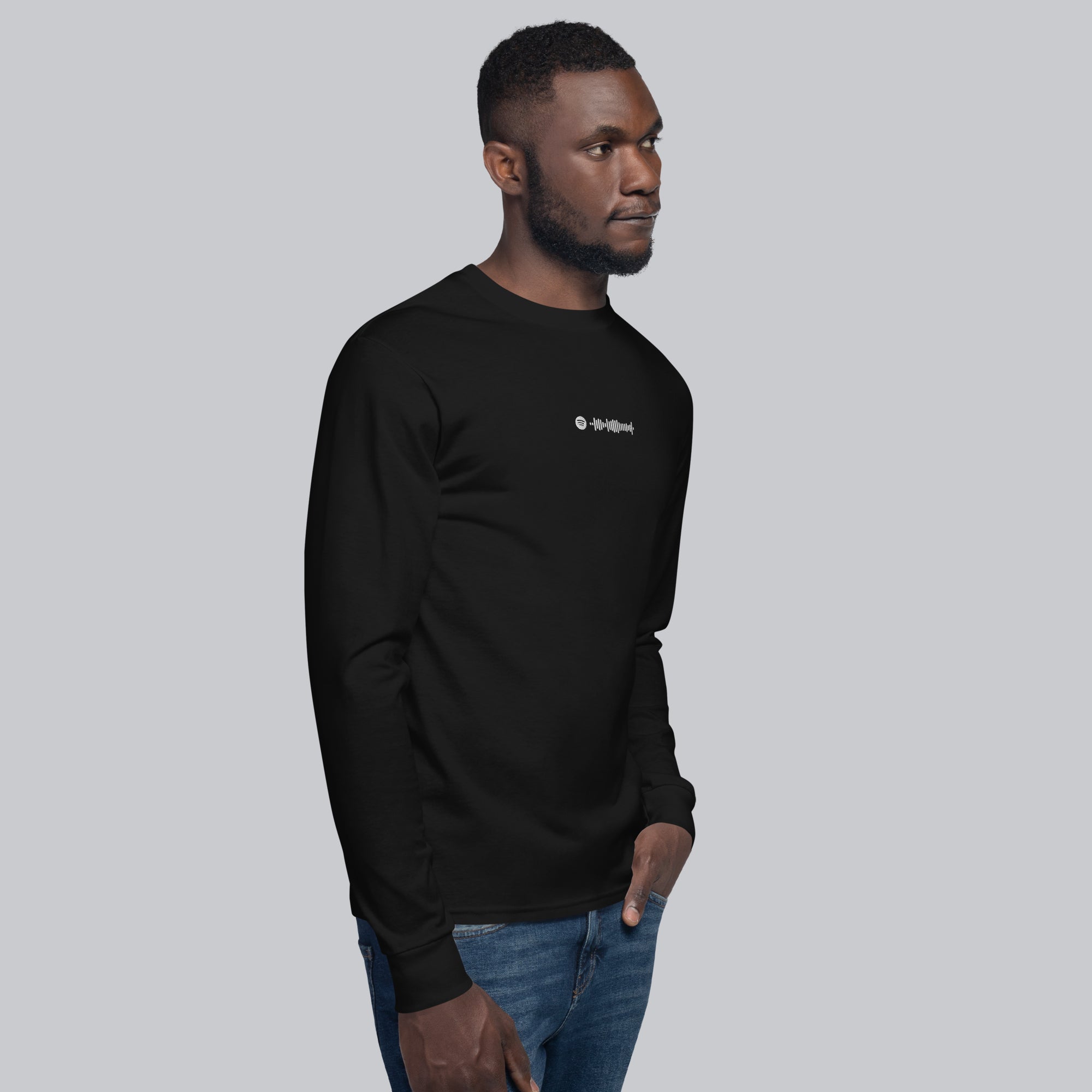 Champion Long Sleeve Shirt Black with custom Music Code of your favorite song