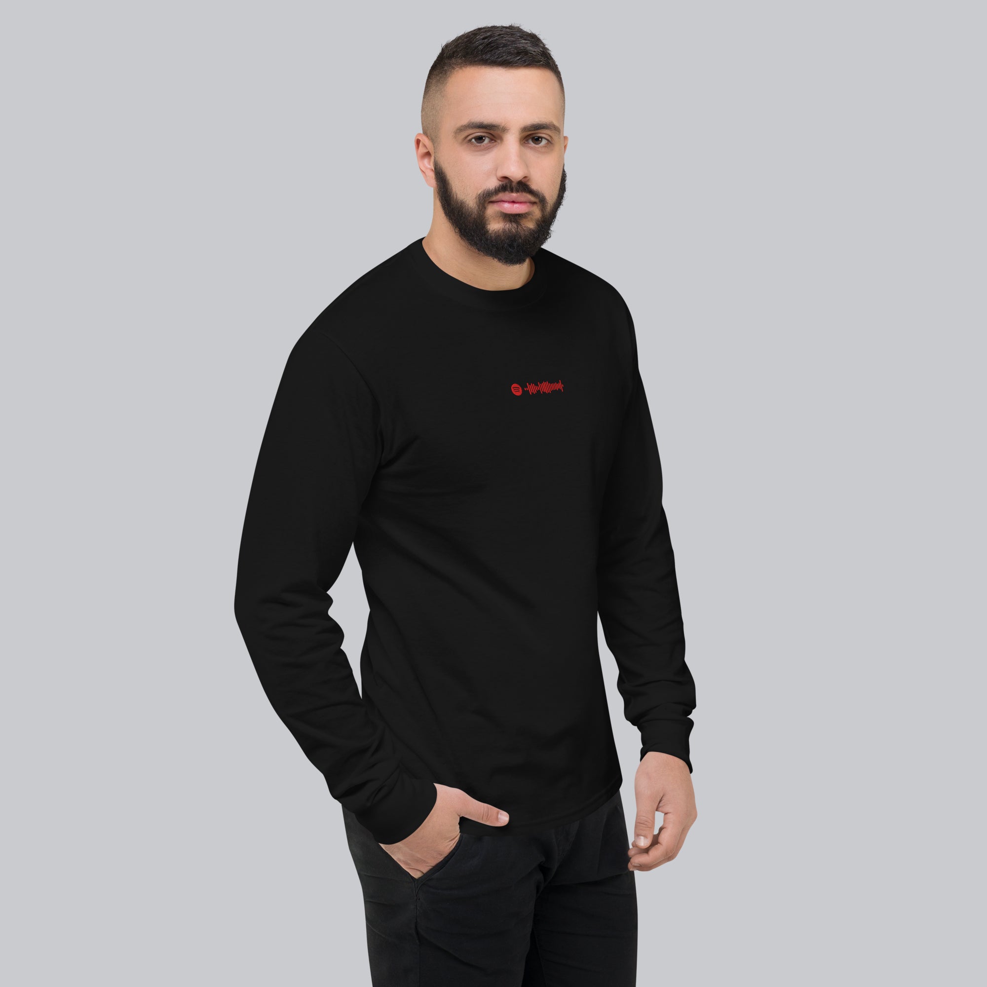 Champion Long Sleeve Shirt Black with custom Music Code of your favorite song
