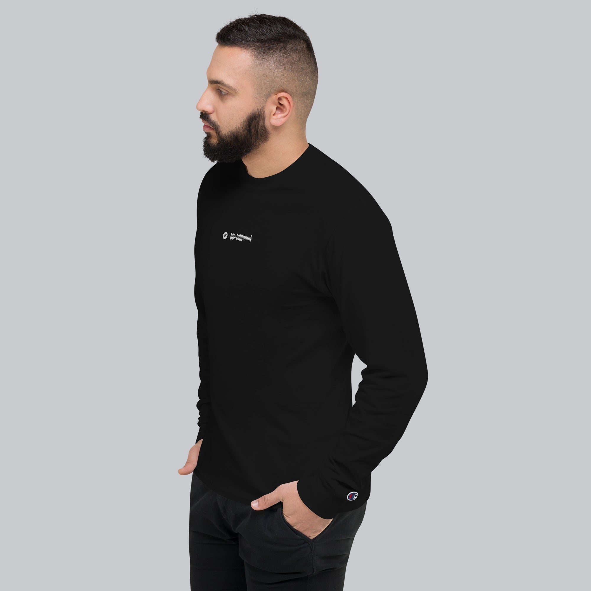 Champion Long Sleeve Shirt Black with custom Music Code of your favorite song