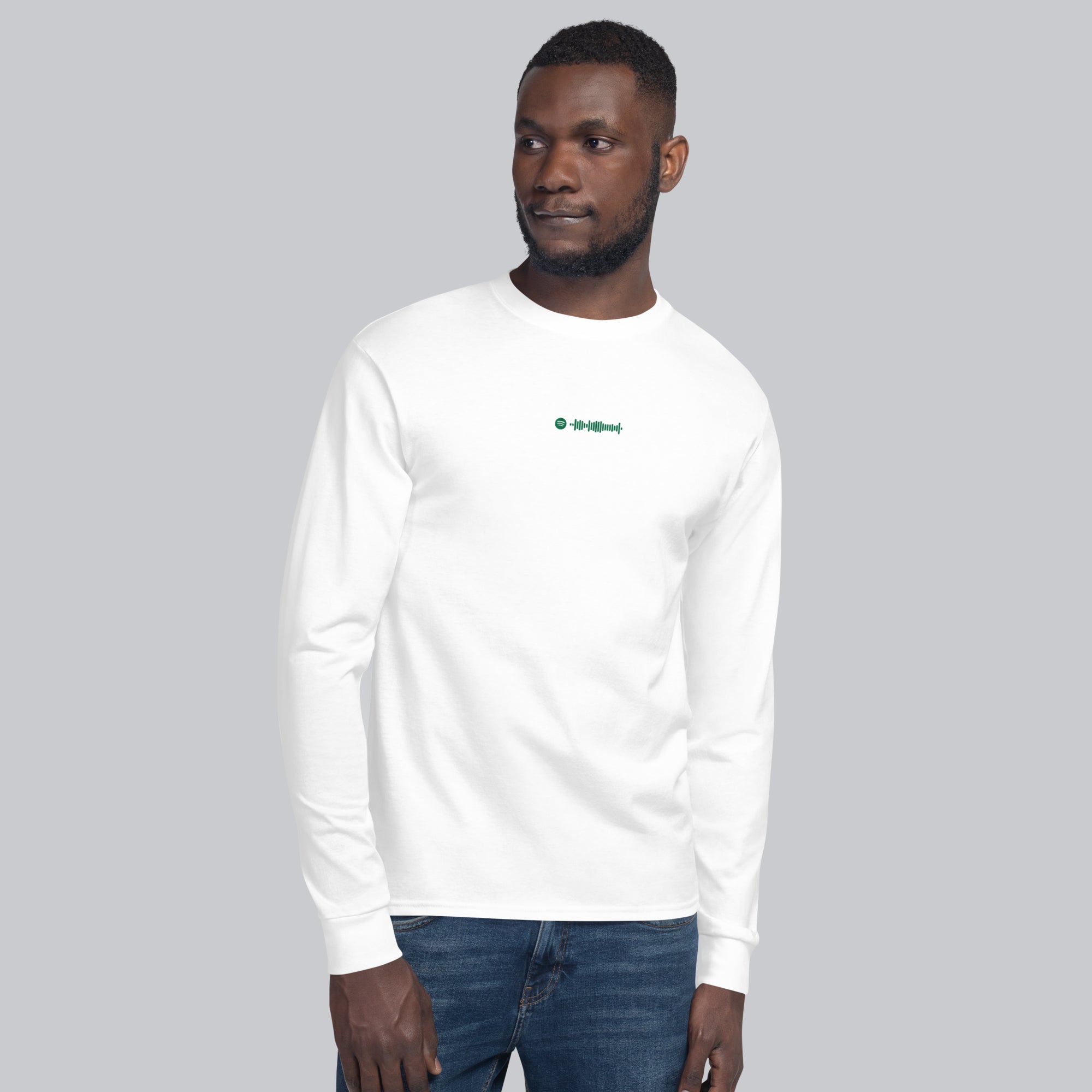 Champion Long Sleeve Shirt White with custom Music Code of your favorite song