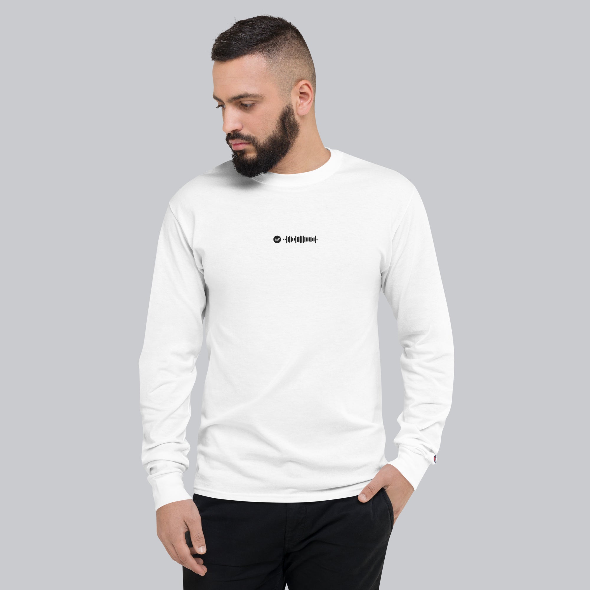 Champion Long Sleeve Shirt White with custom Music Code of your favorite song
