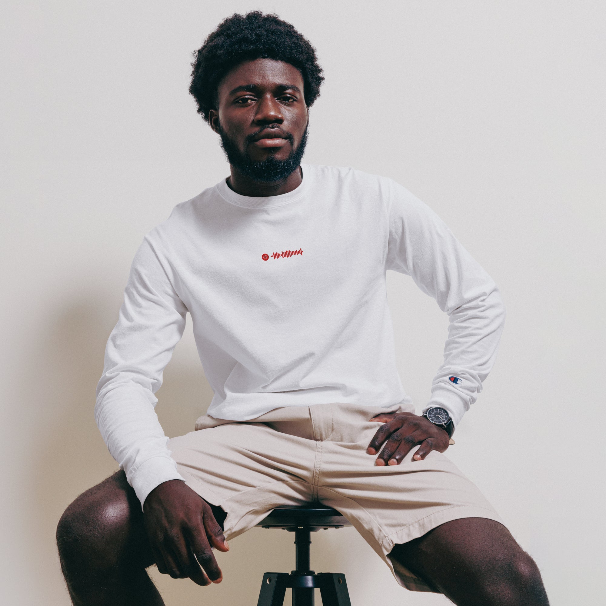 Champion Long Sleeve Shirt White with custom Music Code of your favorite song
