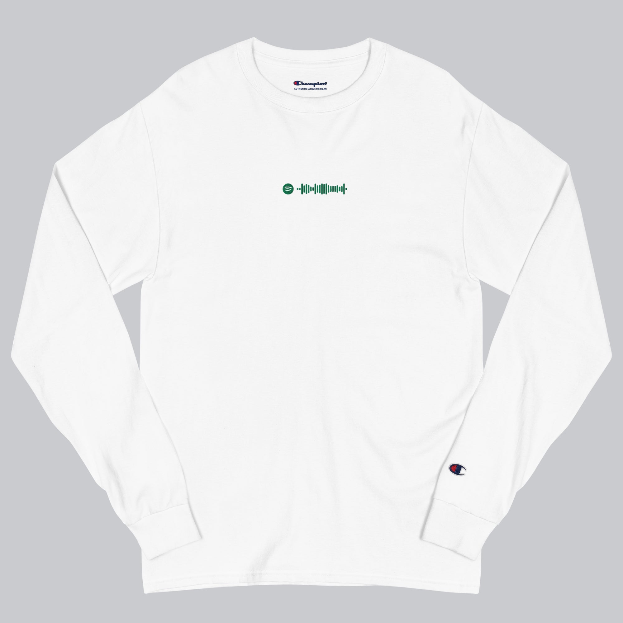 Champion Long Sleeve Shirt White with custom Music Code of your favorite song