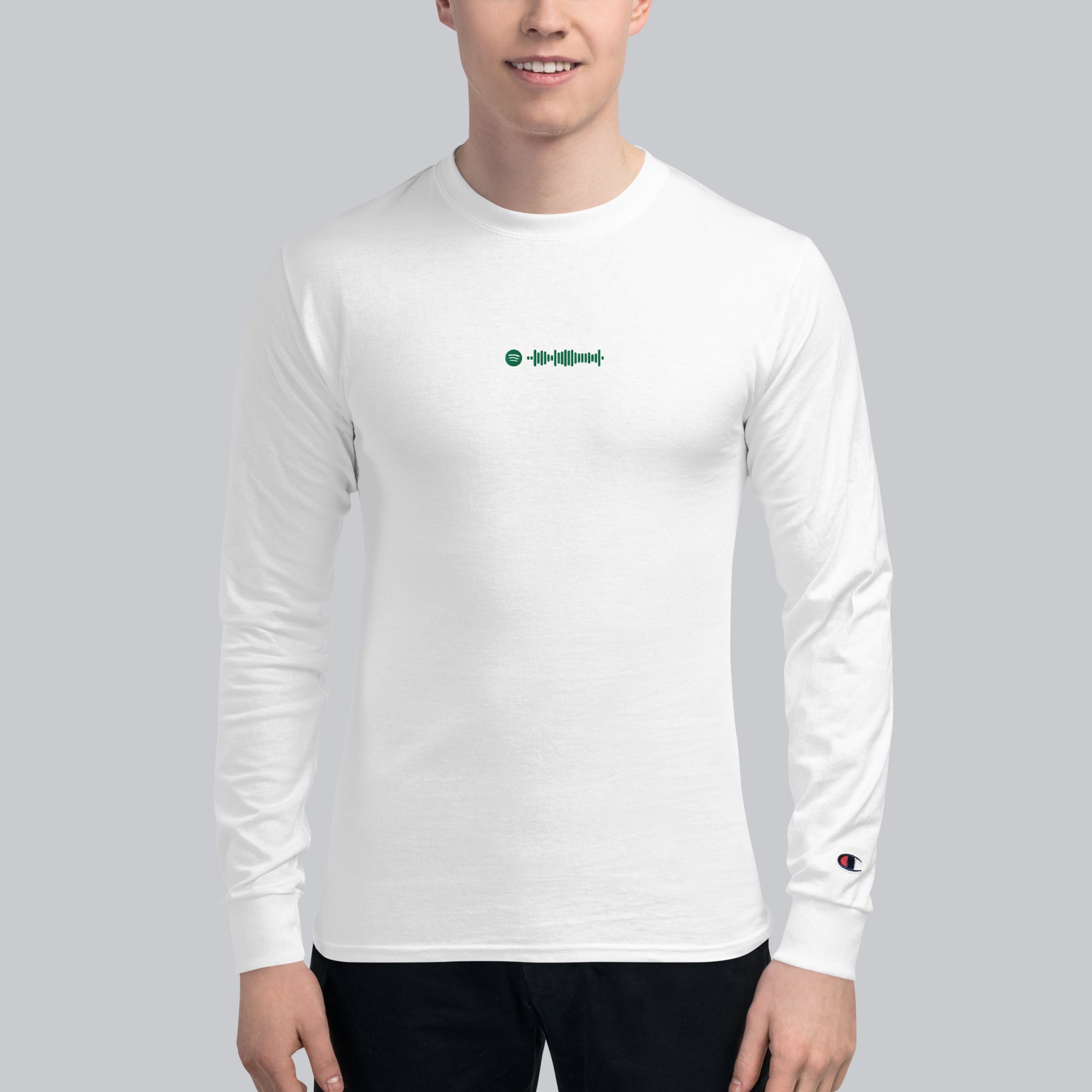 Champion Long Sleeve Shirt White with custom Music Code of your favorite song