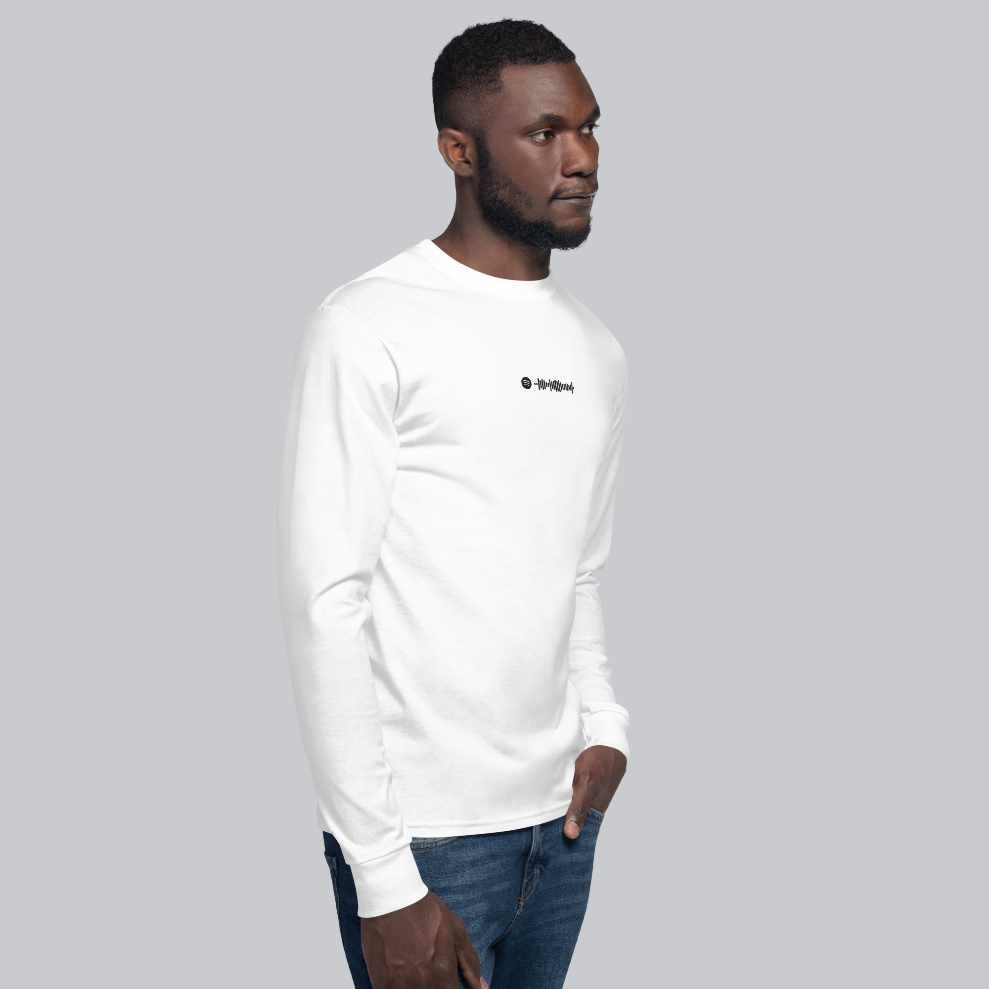 Champion Long Sleeve Shirt White with custom Music Code of your favorite song