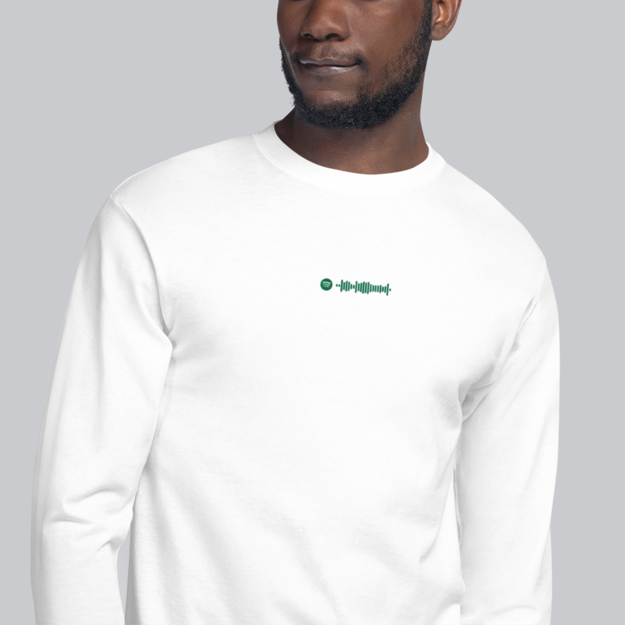Champion Long Sleeve Shirt White with custom Music Code of your favorite song