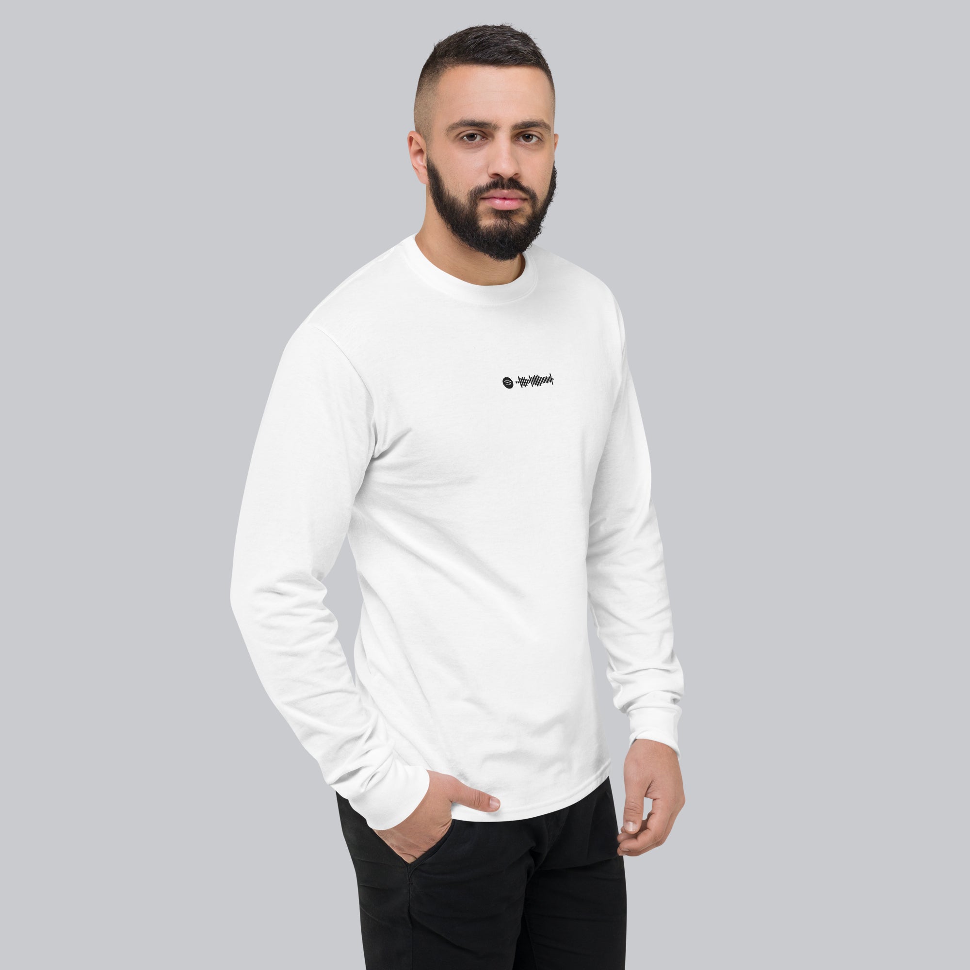 Champion Long Sleeve Shirt White with custom Music Code of your favorite song