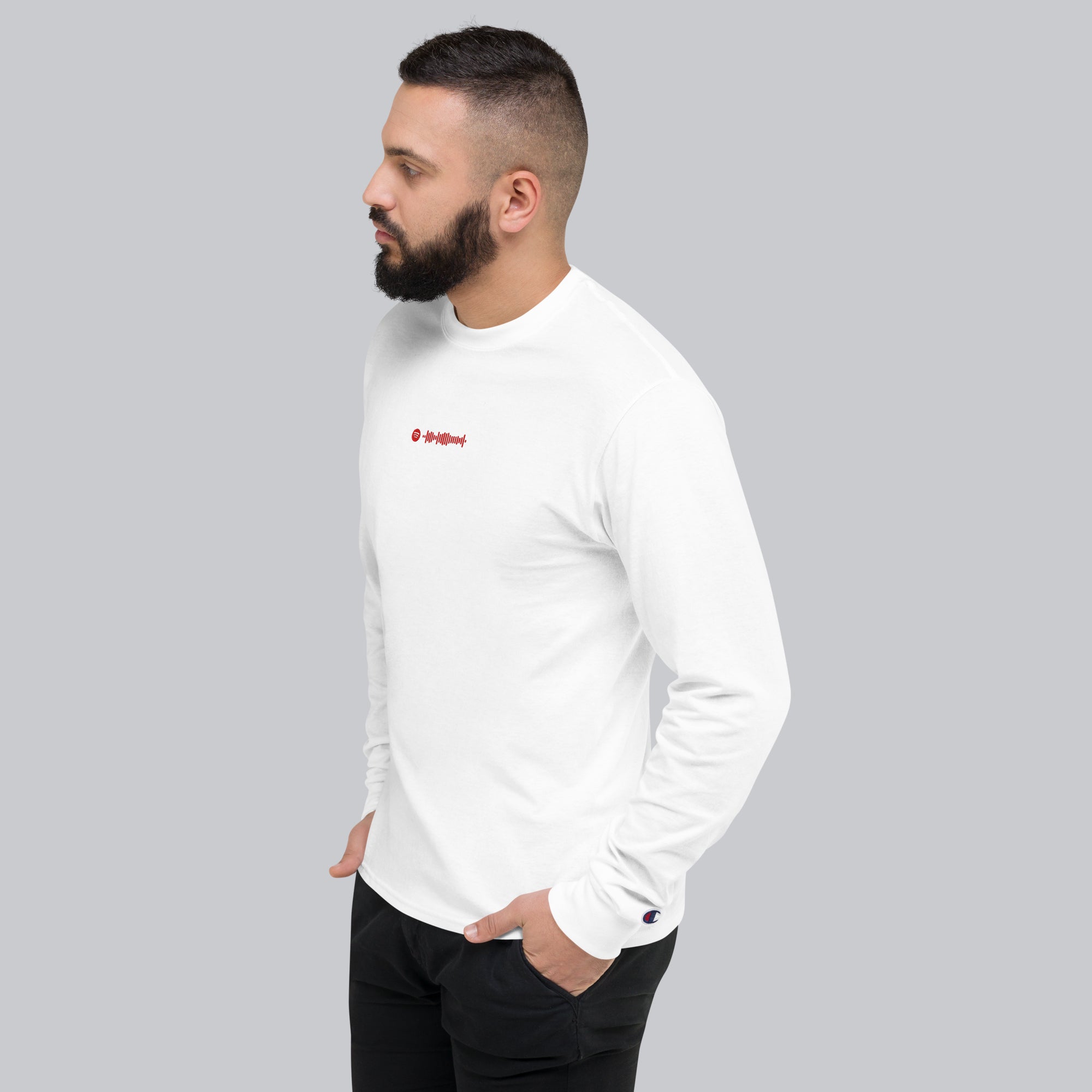 Champion Long Sleeve Shirt White with custom Music Code of your favorite song