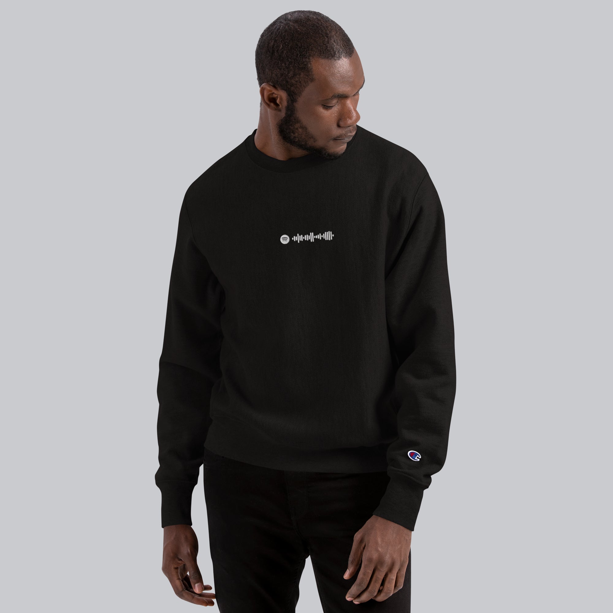 Champion Sweatshirt Black with Custom Music Code of your favorite song