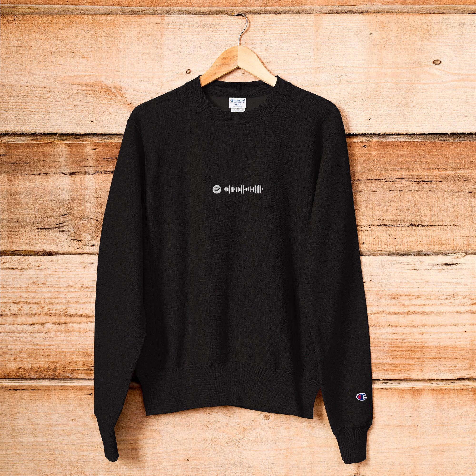 Champion Sweatshirt Black with Custom Music Code of your favorite song