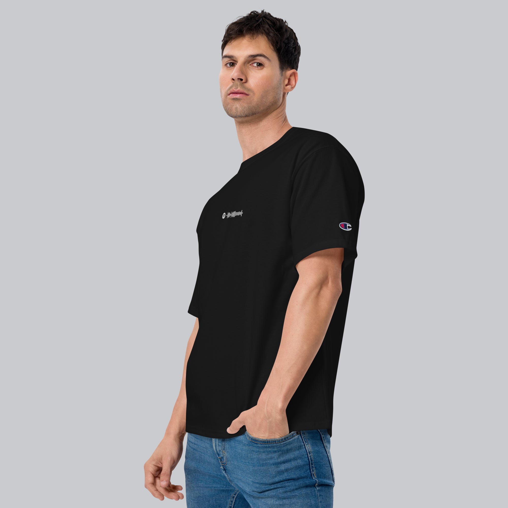 Champion Tshirt Black with Custom Music Code of your favorite song