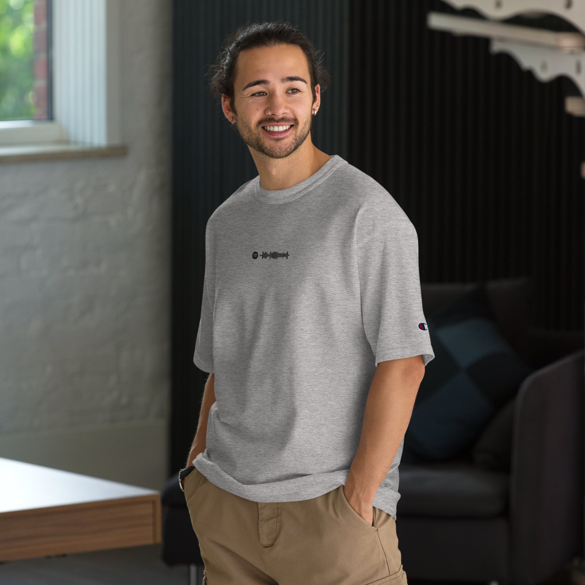 Champion Tshirt Grey with Custom Music Code of your favorite song