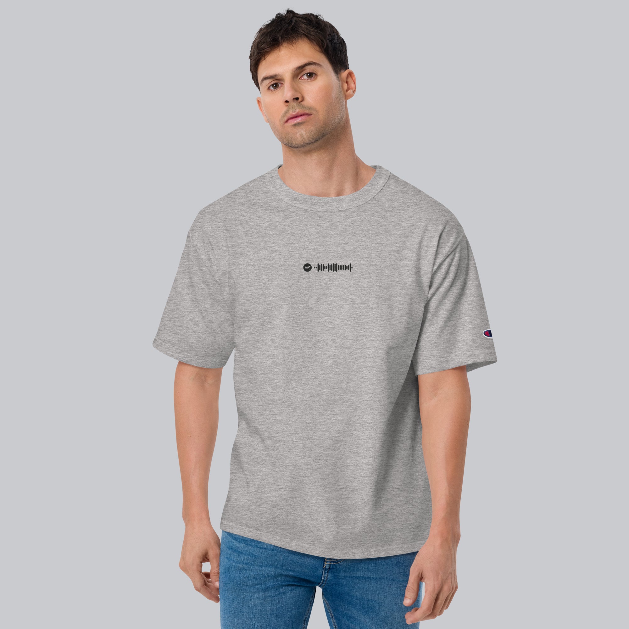 Champion Tshirt Grey with Custom Music Code of your favorite song
