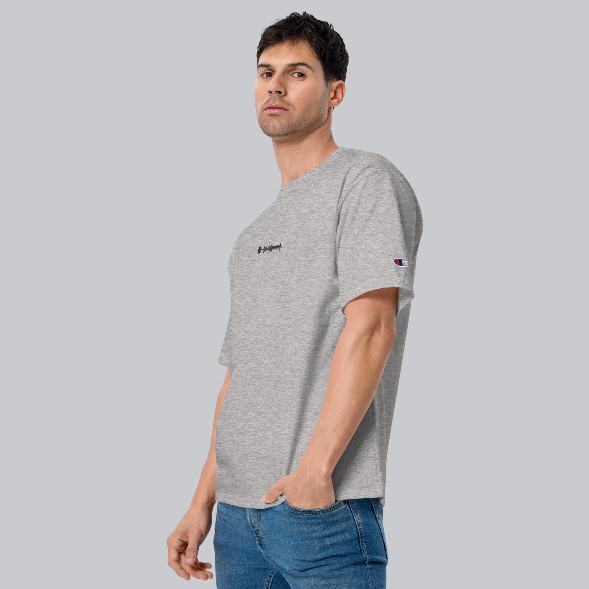 Champion Tshirt Grey with Custom Music Code of your favorite song