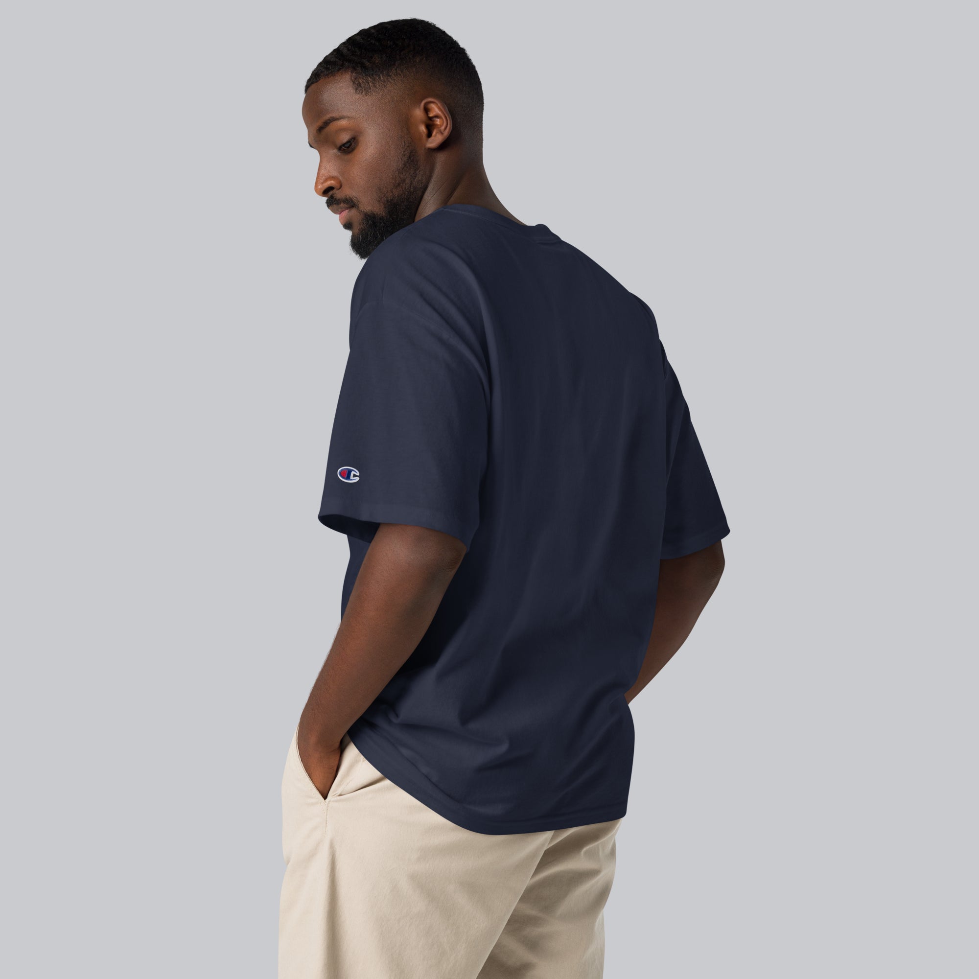 Champion Tshirt Navy with Custom Music Code of your favorite song