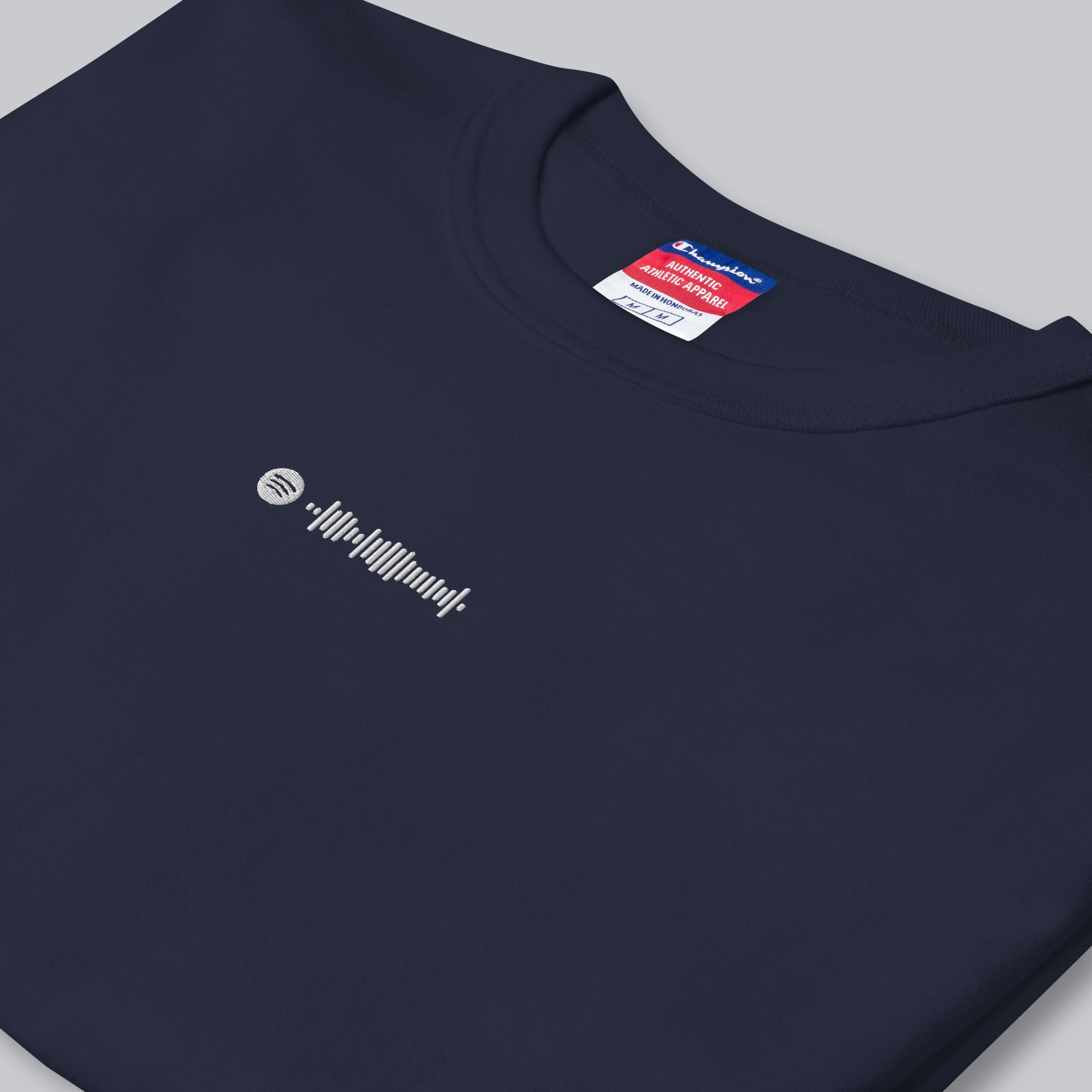 Champion Tshirt Navy with Custom Music Code of your favorite song