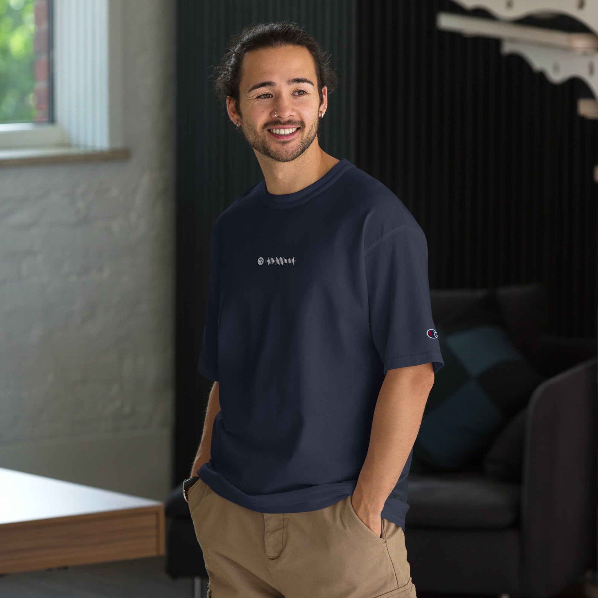 Champion Tshirt Navy with Custom Music Code of your favorite song