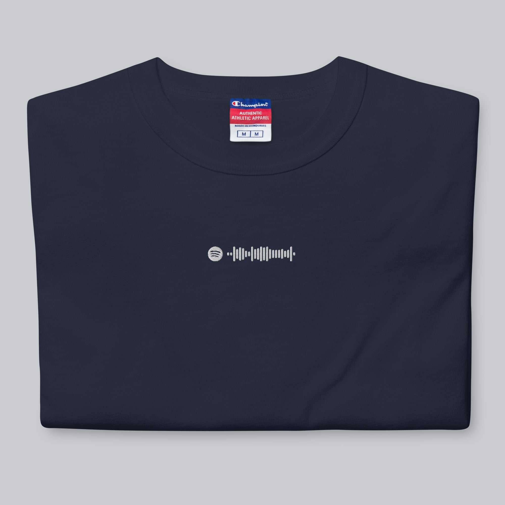 Champion Tshirt Navy with Custom Music Code of your favorite song