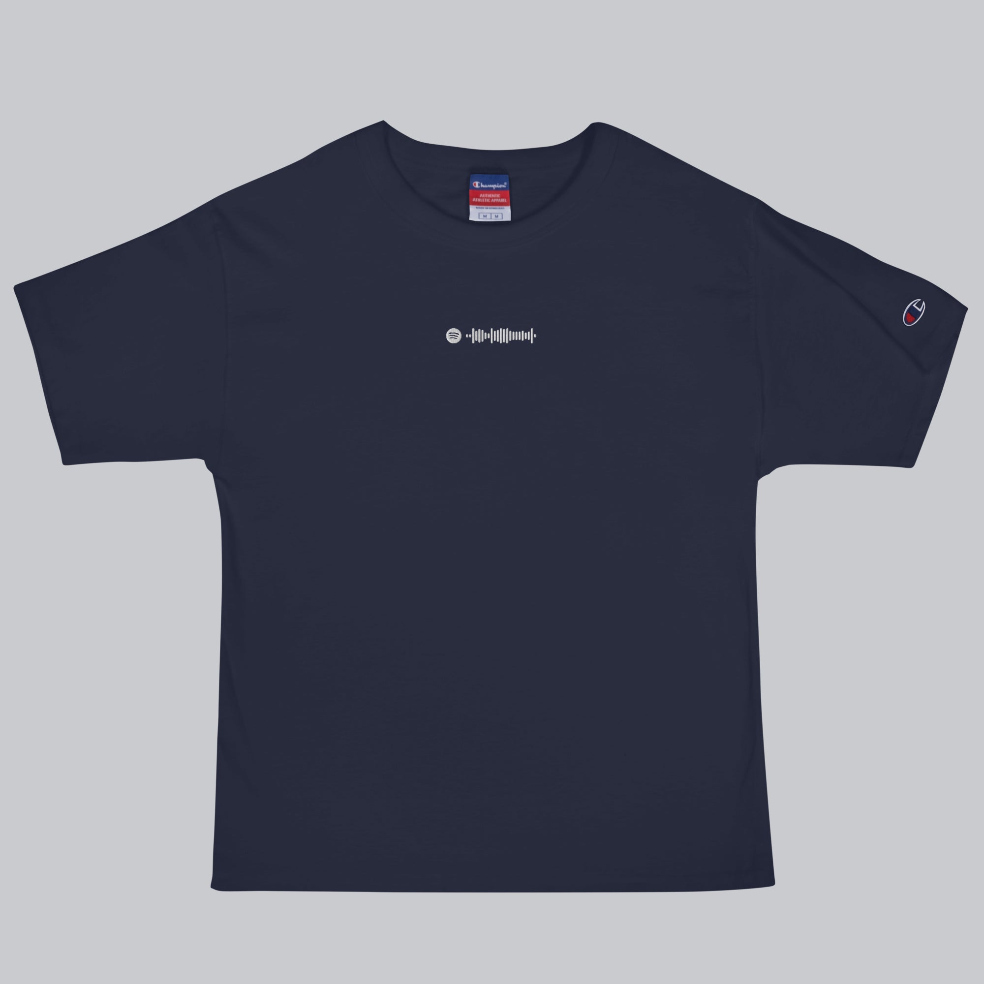 Champion Tshirt Navy with Custom Music Code of your favorite song