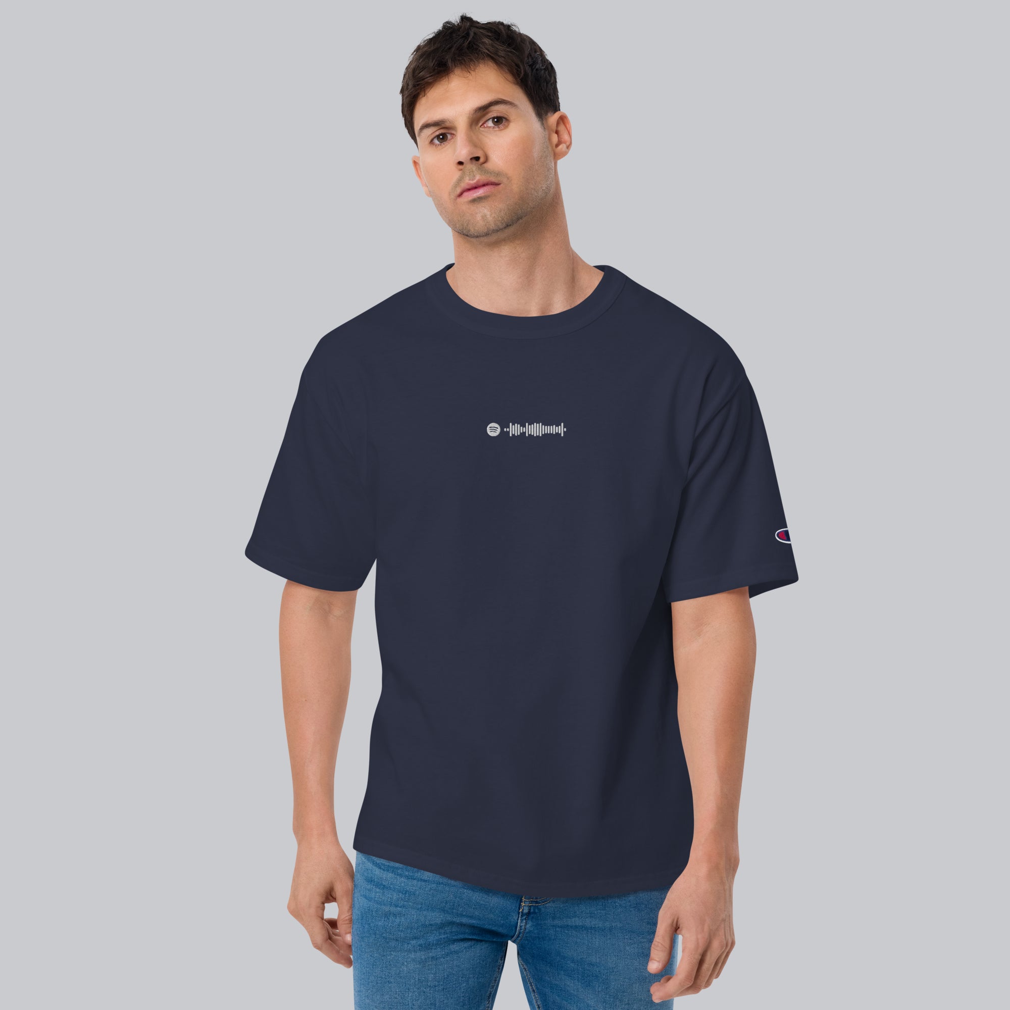 Champion Tshirt Navy with Custom Music Code of your favorite song