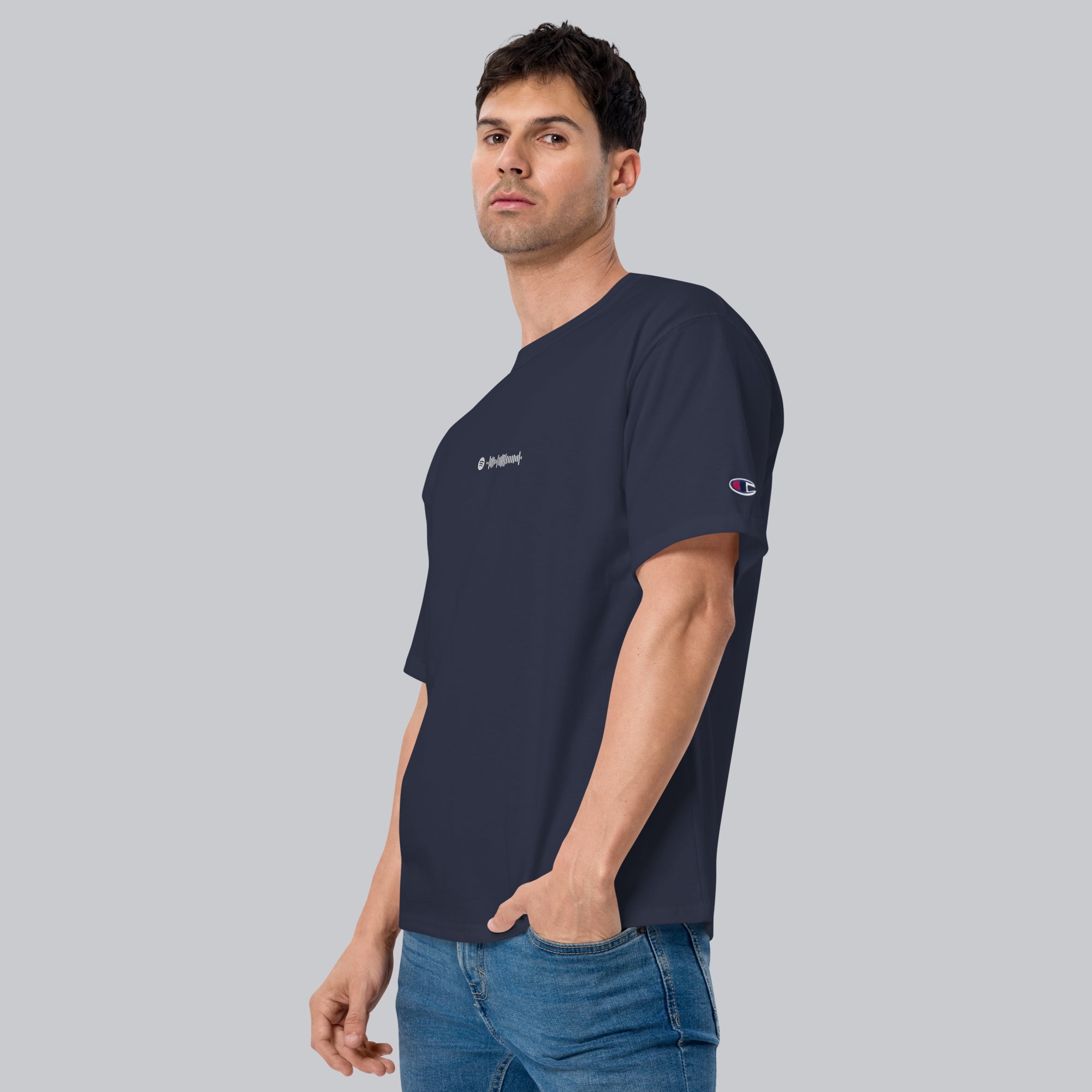 Champion Tshirt Navy with Custom Music Code of your favorite song
