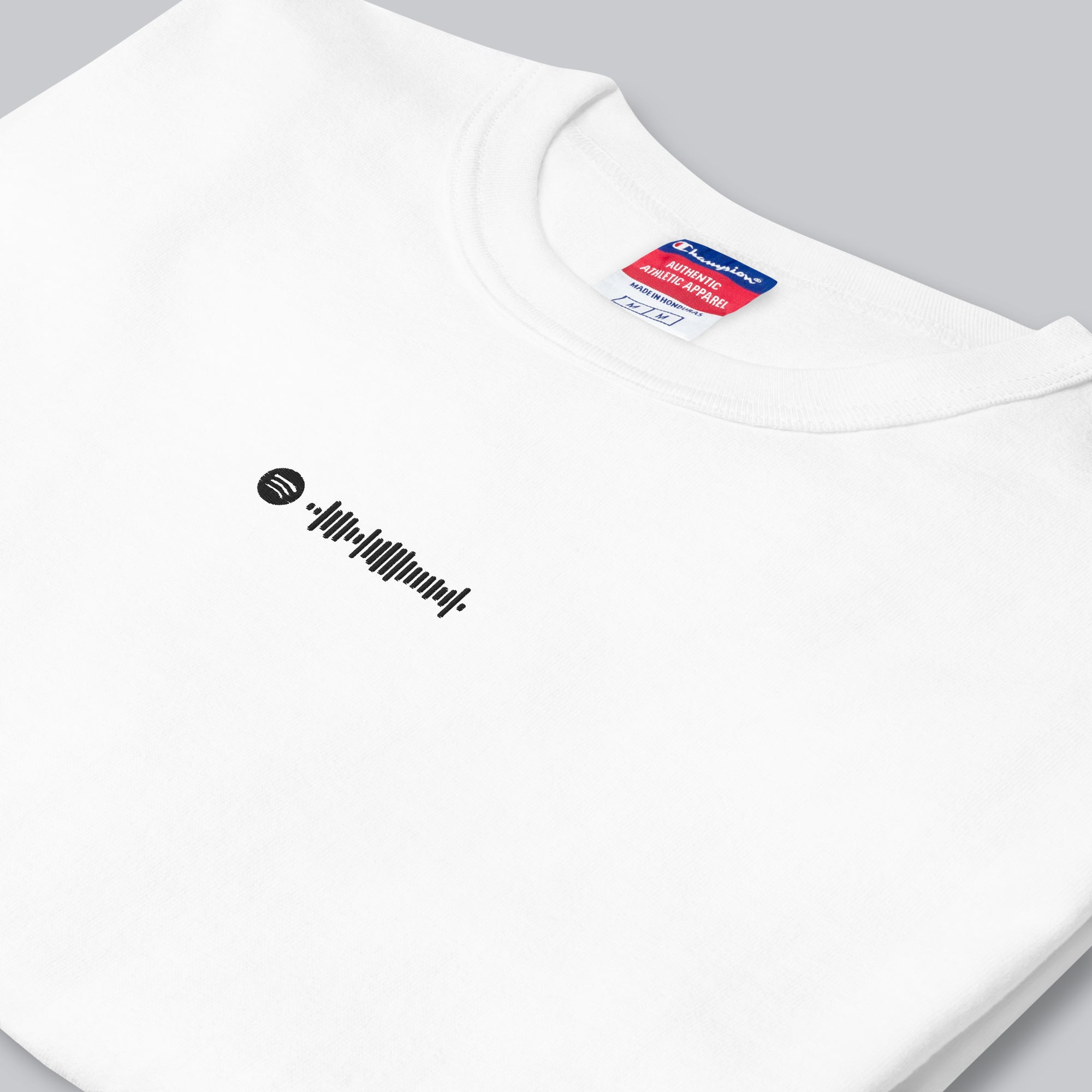 Champion Tshirt White with Custom Music Code of your favorite song