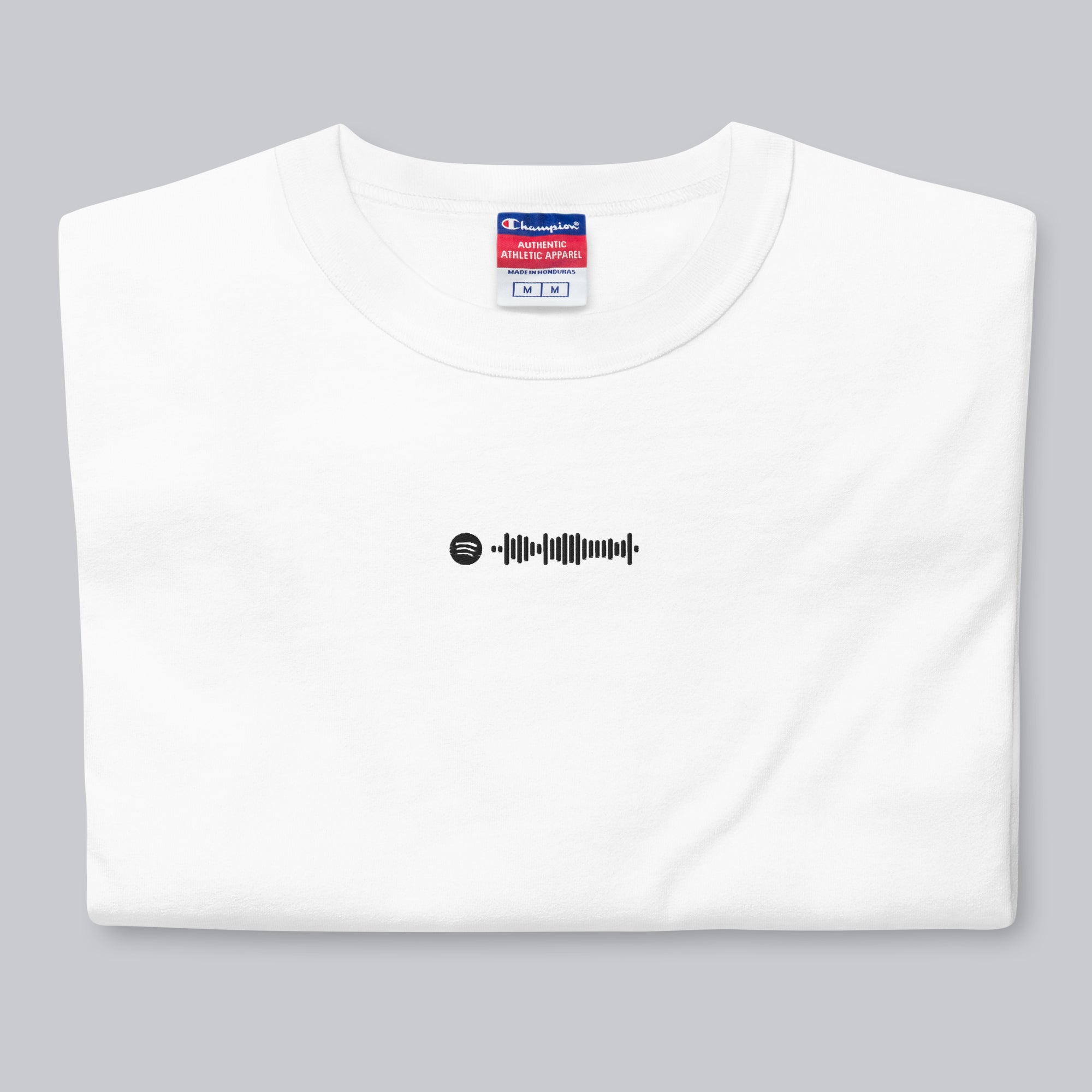 Champion Tshirt White with Custom Music Code of your favorite song