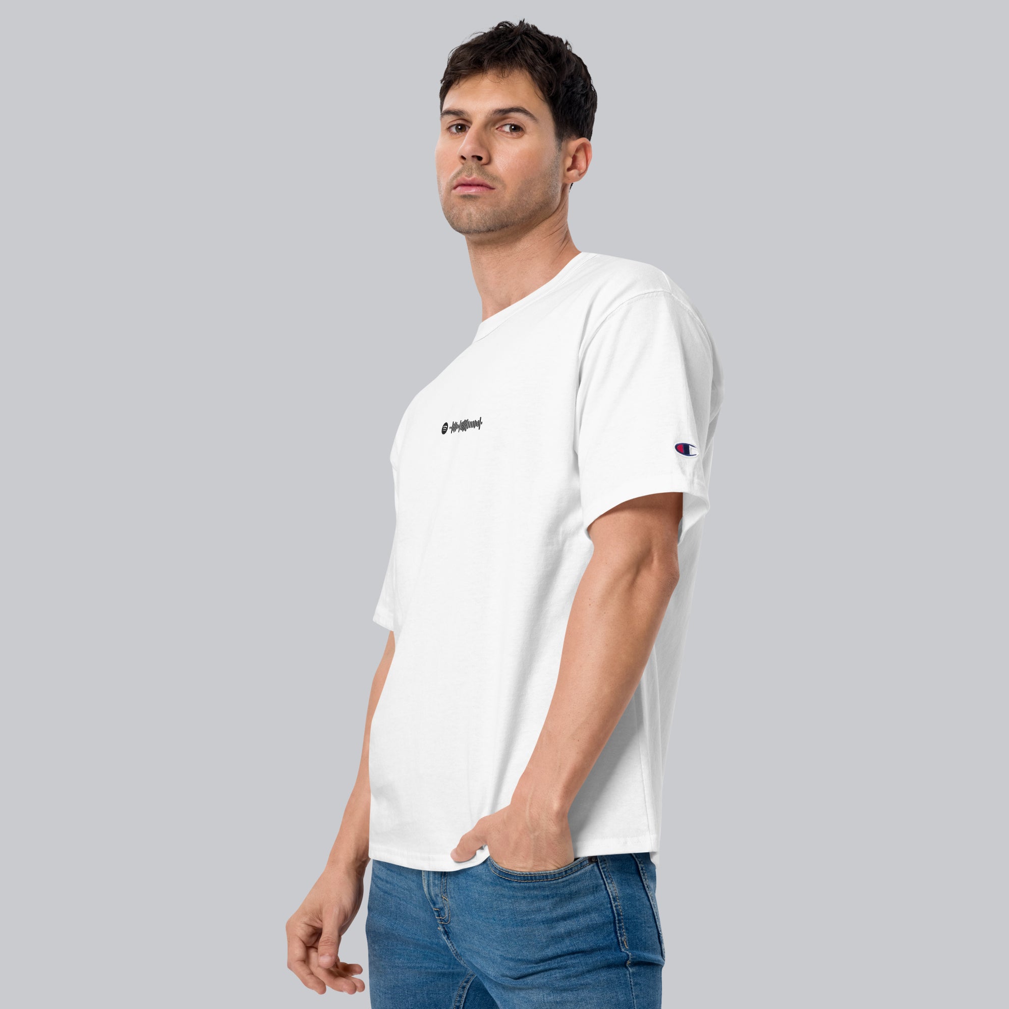 Champion Tshirt White with Custom Music Code of your favorite song