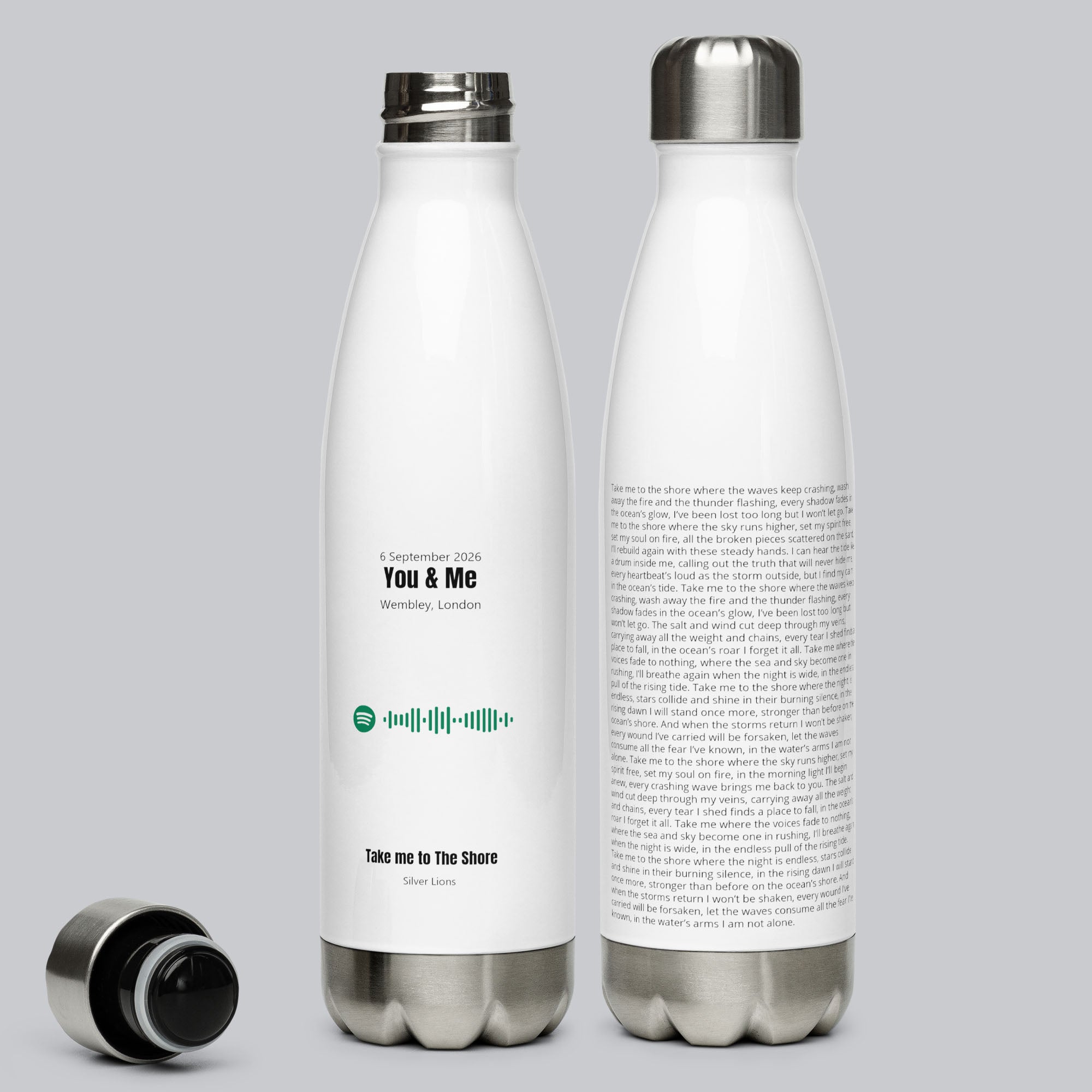 Stainless Steel Water Bottle White with custom Music Code
