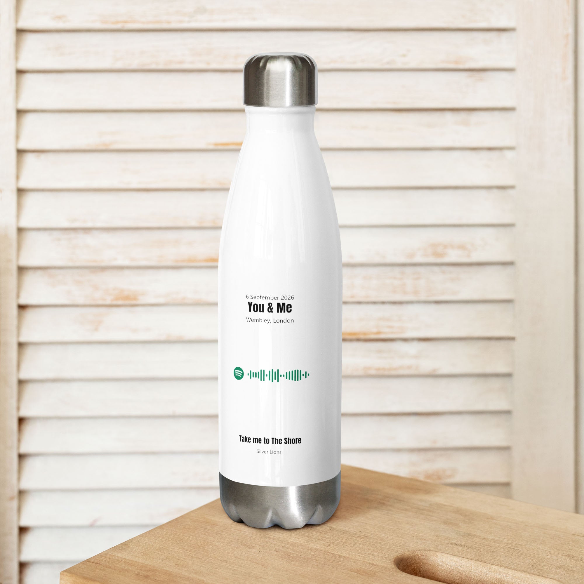 Stainless Steel Water Bottle White with custom Music Code