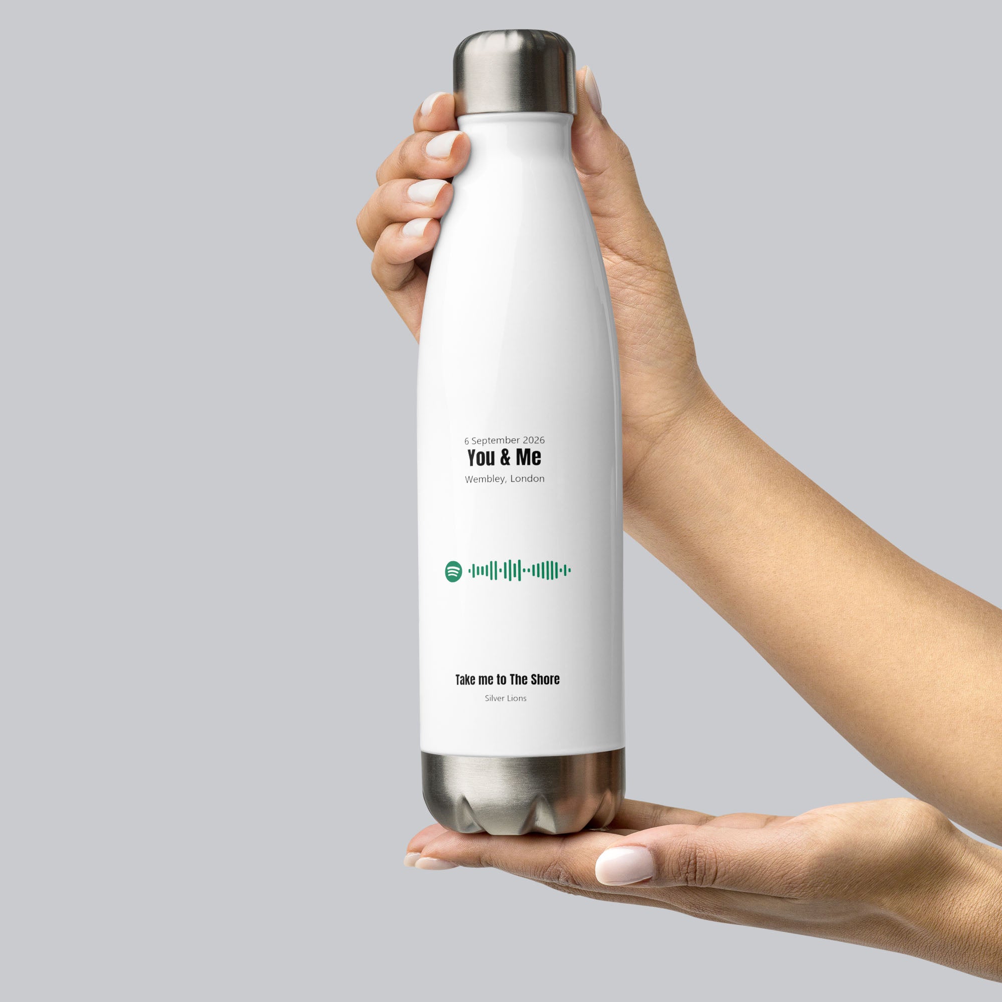 Stainless Steel Water Bottle White with custom Music Code