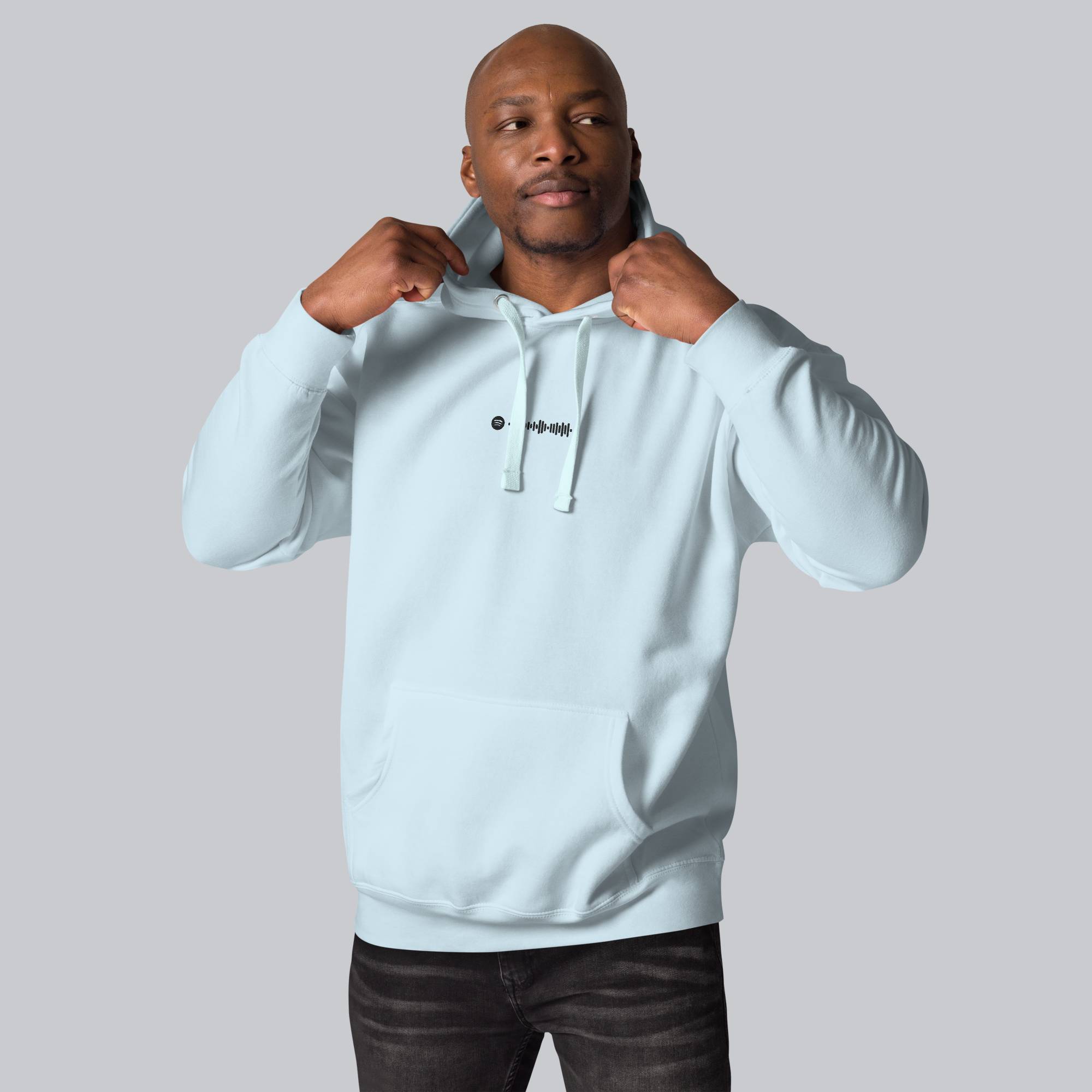Light blue hoodie with a custom Music Code