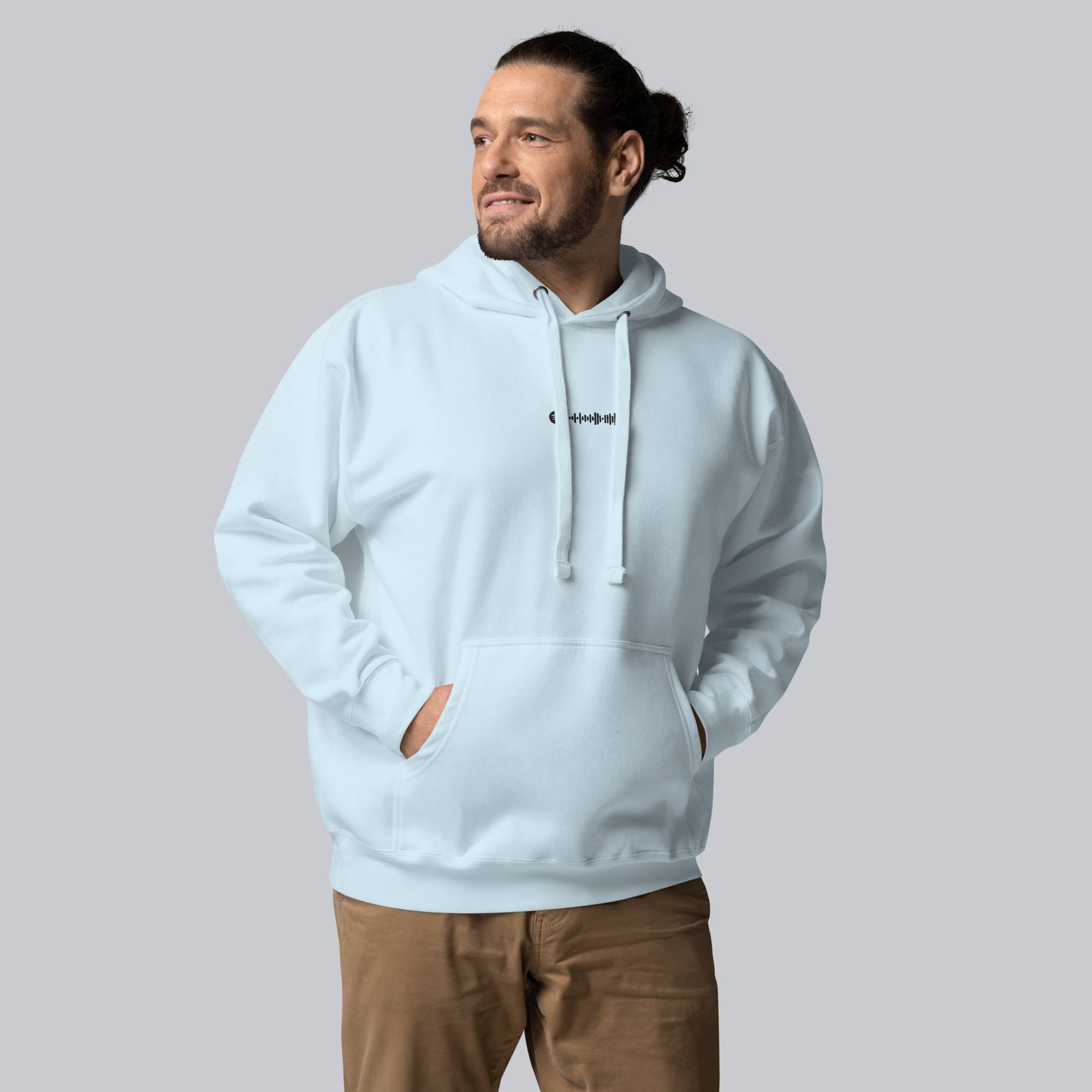 Light blue hoodie with a custom Music Code