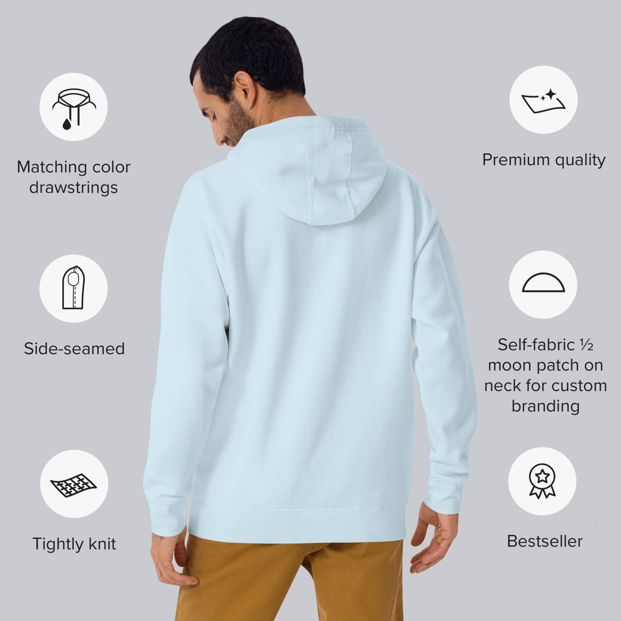 Light blue hoodie with a custom Music Code