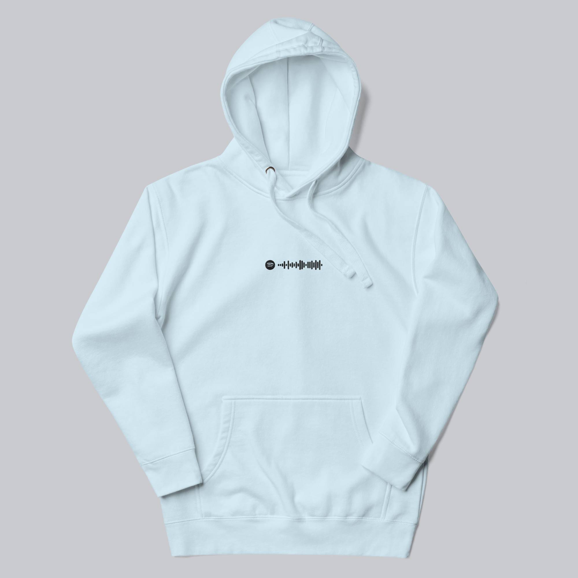 Light blue hoodie with a custom Music Code