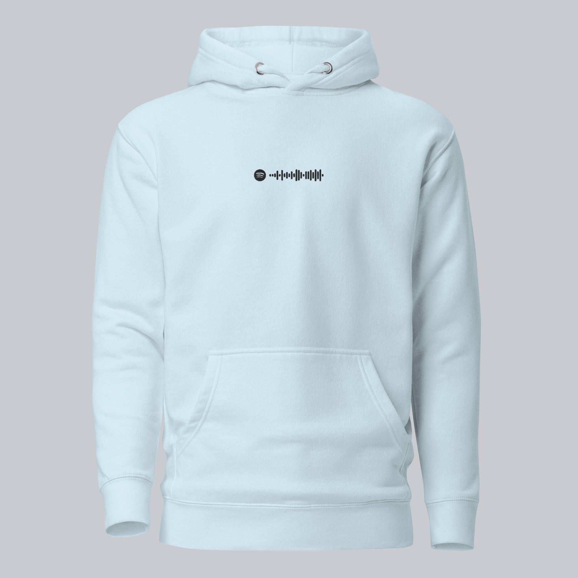 Light blue hoodie with a custom Music Code