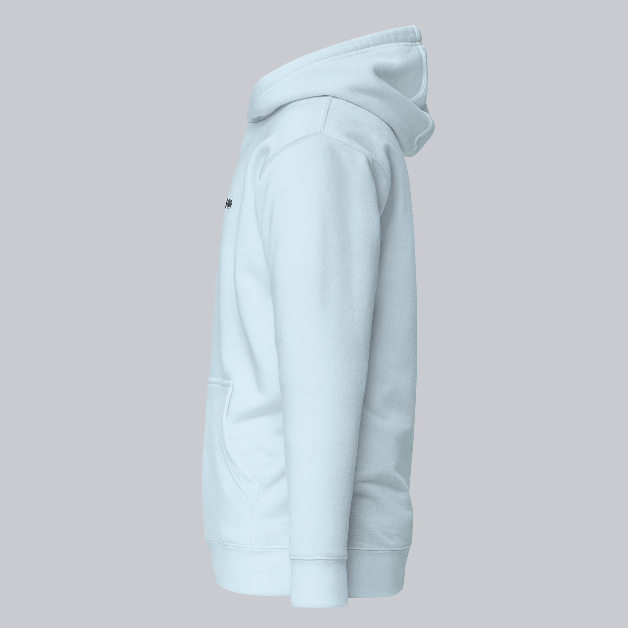 Light blue hoodie with a custom Music Code