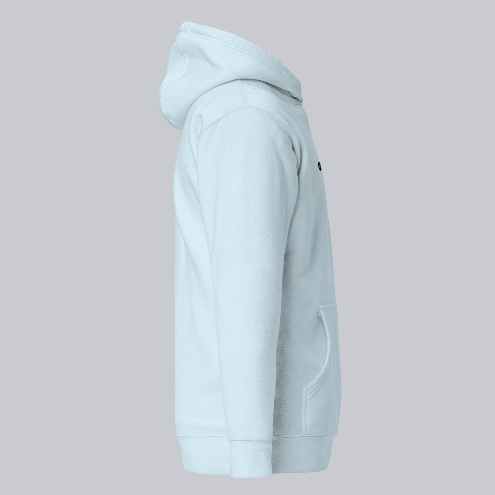Light blue hoodie with a custom Music Code