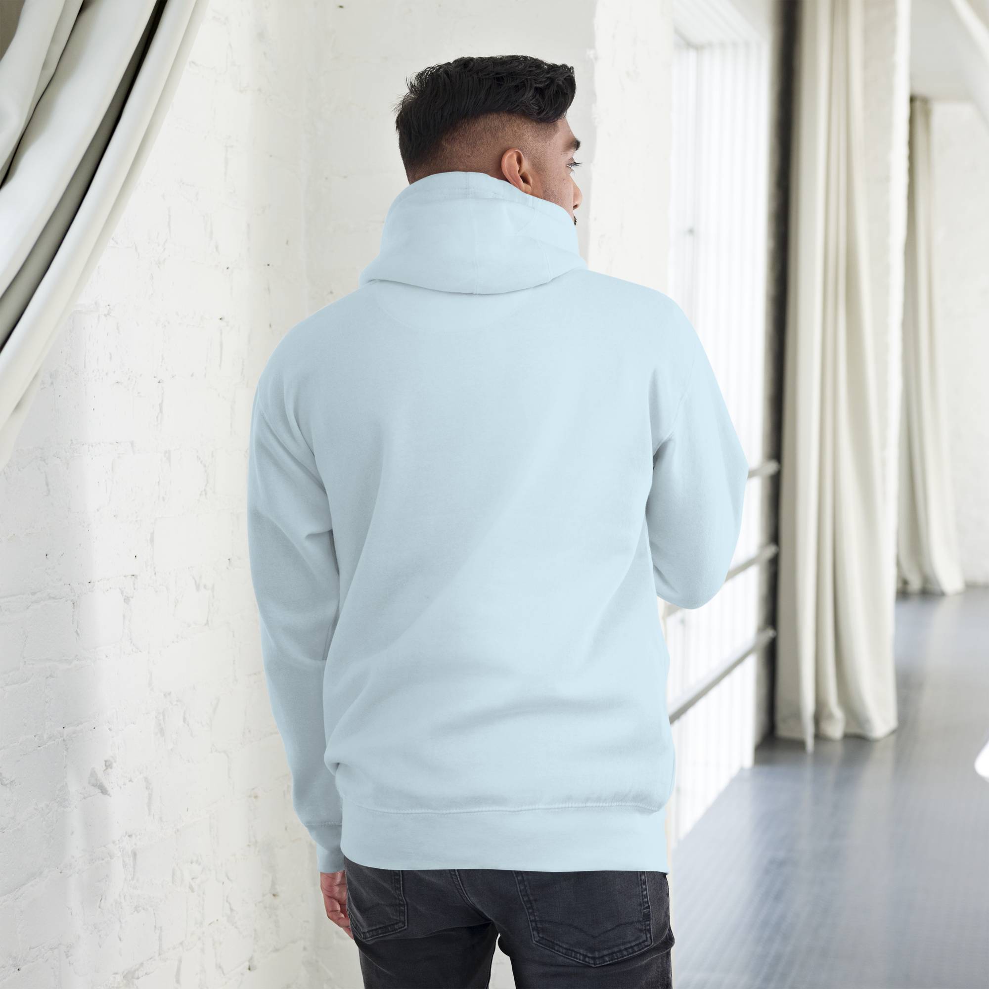 Light blue hoodie with a custom Music Code